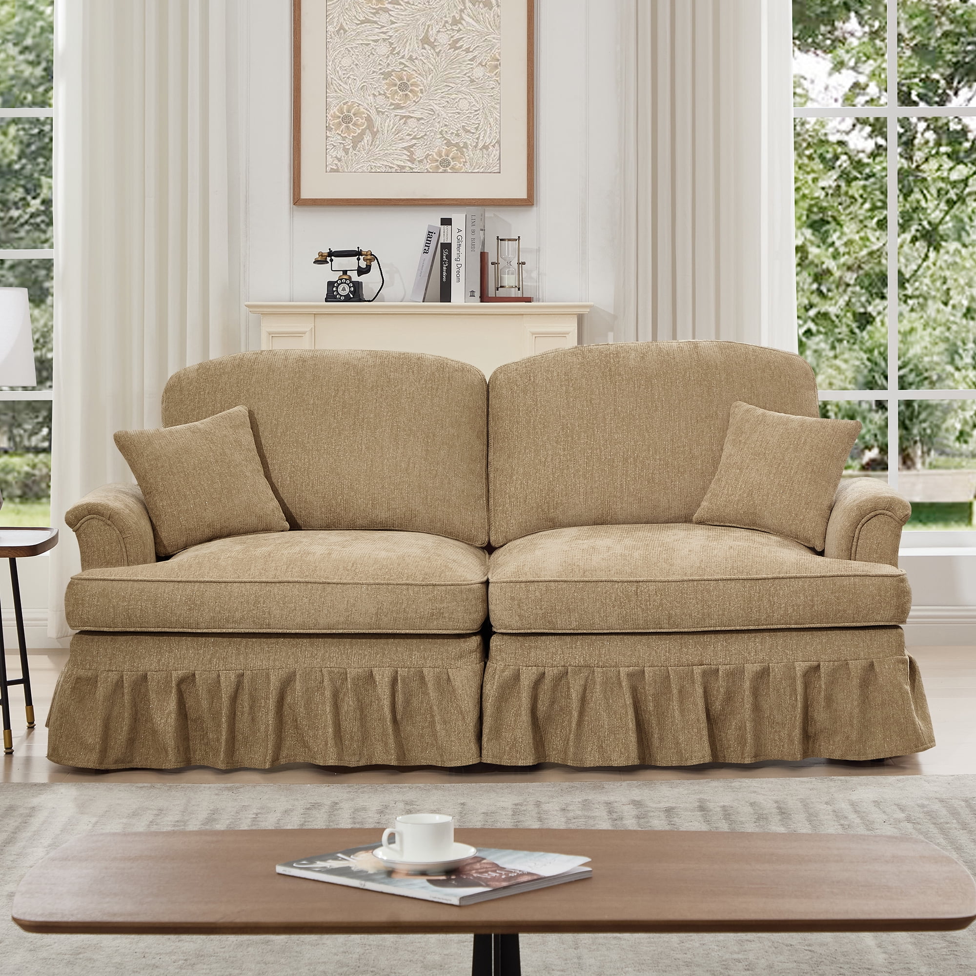 Gewnee 2-in-1 Convertible Sectional Sofa with Removable Ruffled Skirt , Petal-Shaped Arms, Ottoman and Lumbar Pillow Included, Multiple Configurations