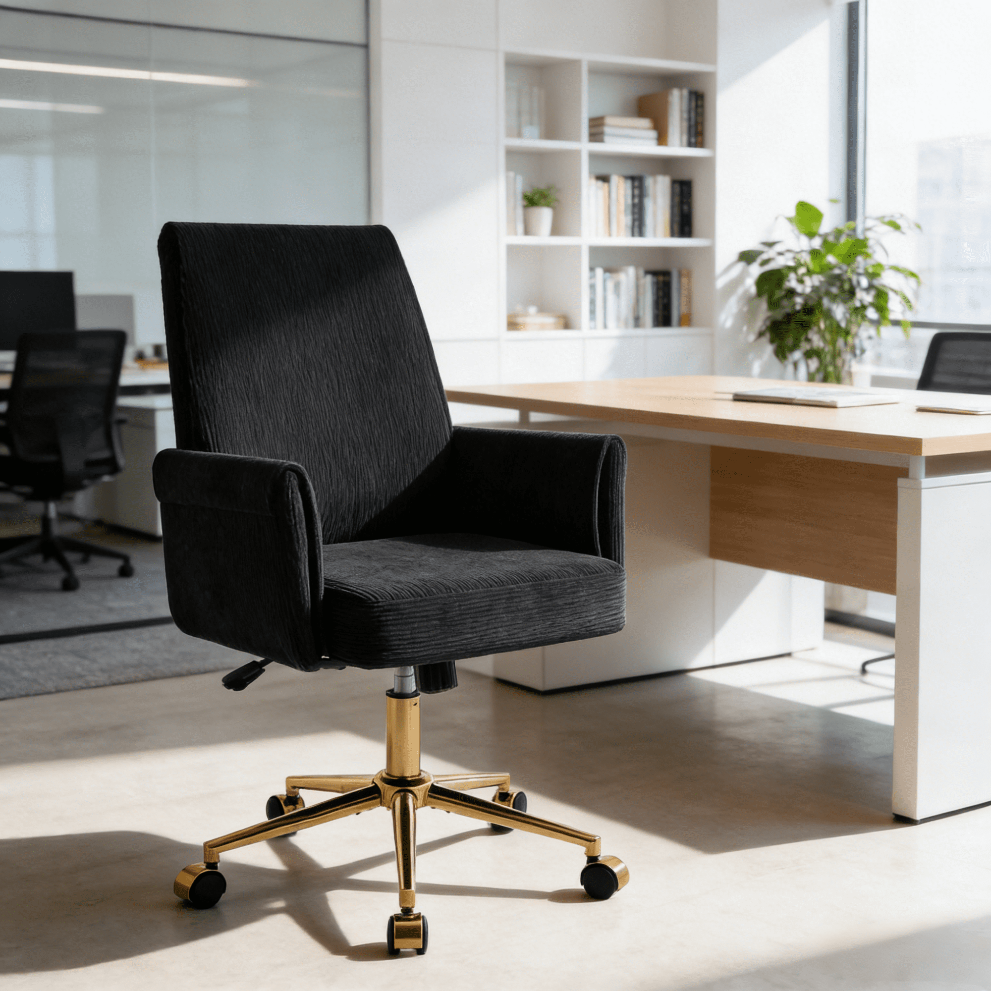 Gewnee 24.8''Office Chair,Memory Foam Seat Cushion with Waist Support,Adjustable Height,Golden Metal Base.Black