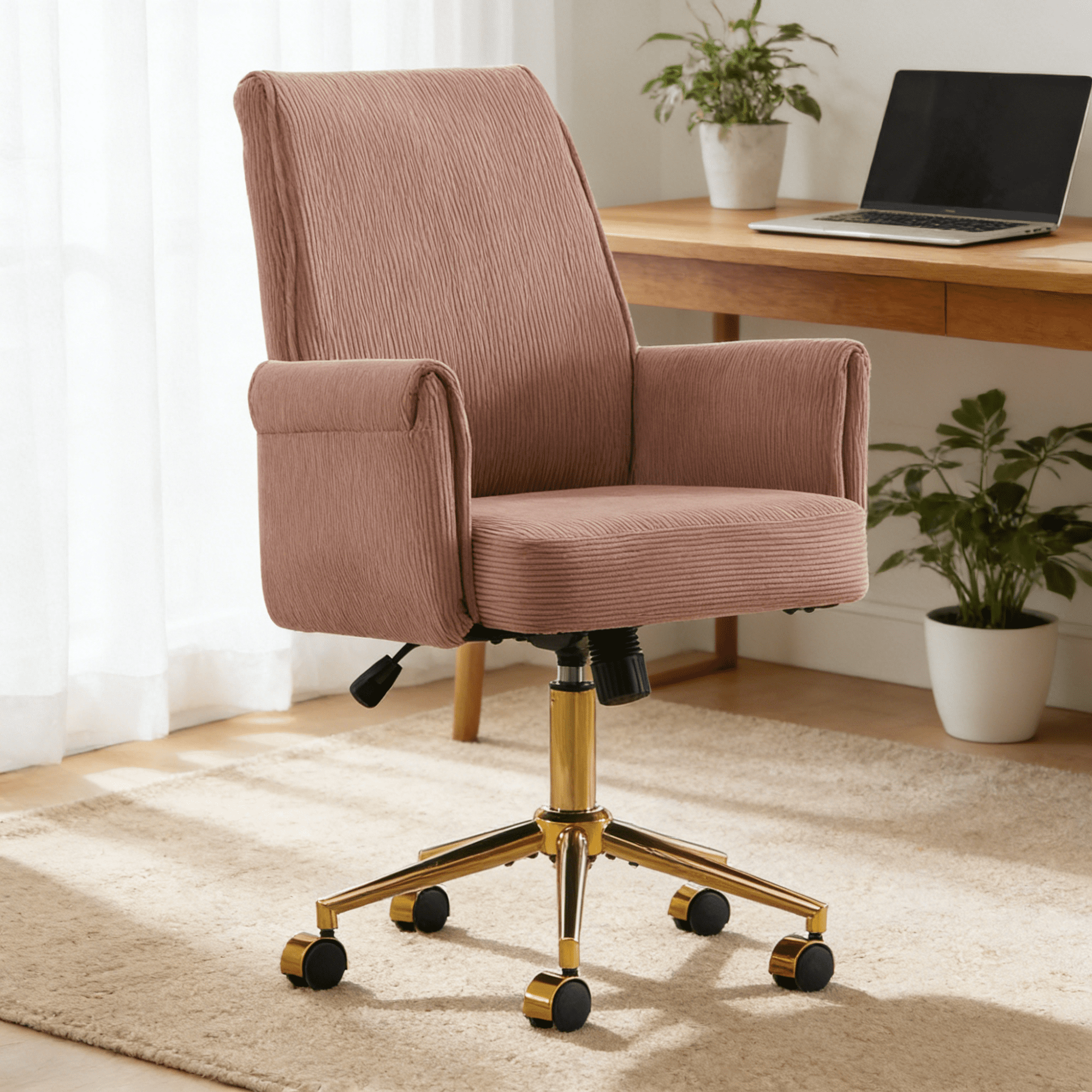 Gewnee 24.8''Office Chair,Memory Foam Seat Cushion with Waist Support,Adjustable Height,Golden Metal Base.Pink