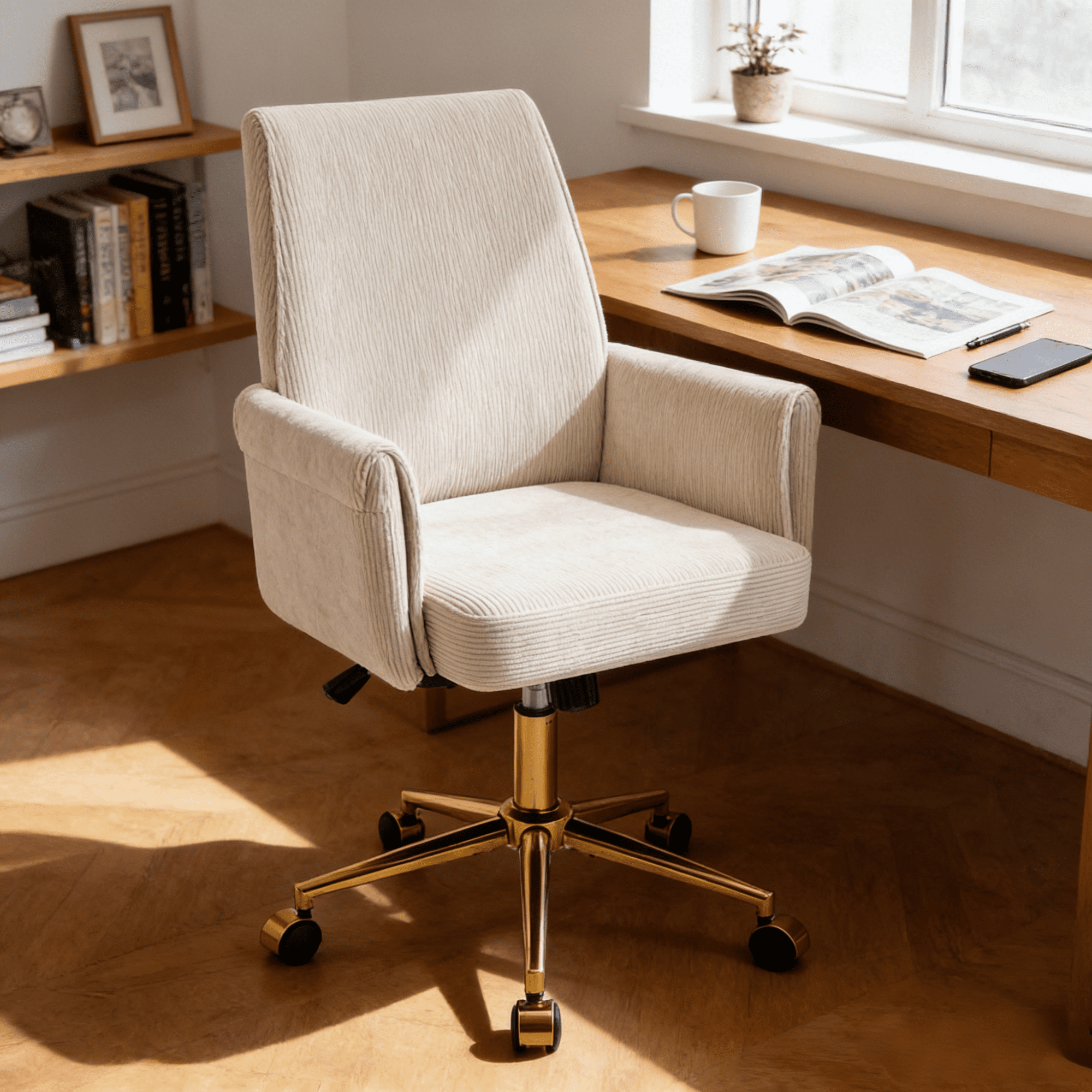 Gewnee 24.8''Office Chair,Memory Foam Seat Cushion with Waist Support,Adjustable Height,Golden Metal Base.White