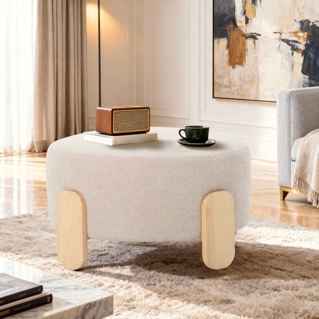 Gewnee 24.8”Round Ottoman,Teddy Fur Cushioned Stool,Solid Wood Legs,Home Office Multi-Functional Leisure Ottoman.(Beige)