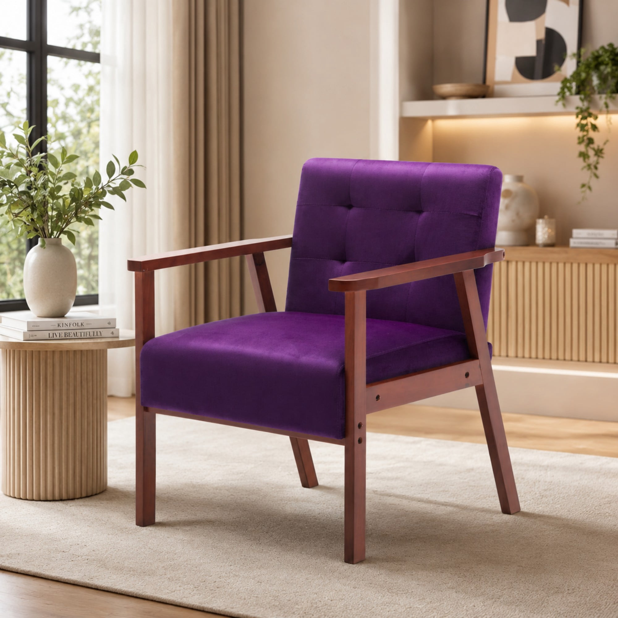 Gewnee 25.39"Velvet Accent Armchair,Modern Upholstered Armchair with Solid Wood Frame,Comfy Reading Accent Chair for Living Room,Bedroom,Office.Purple