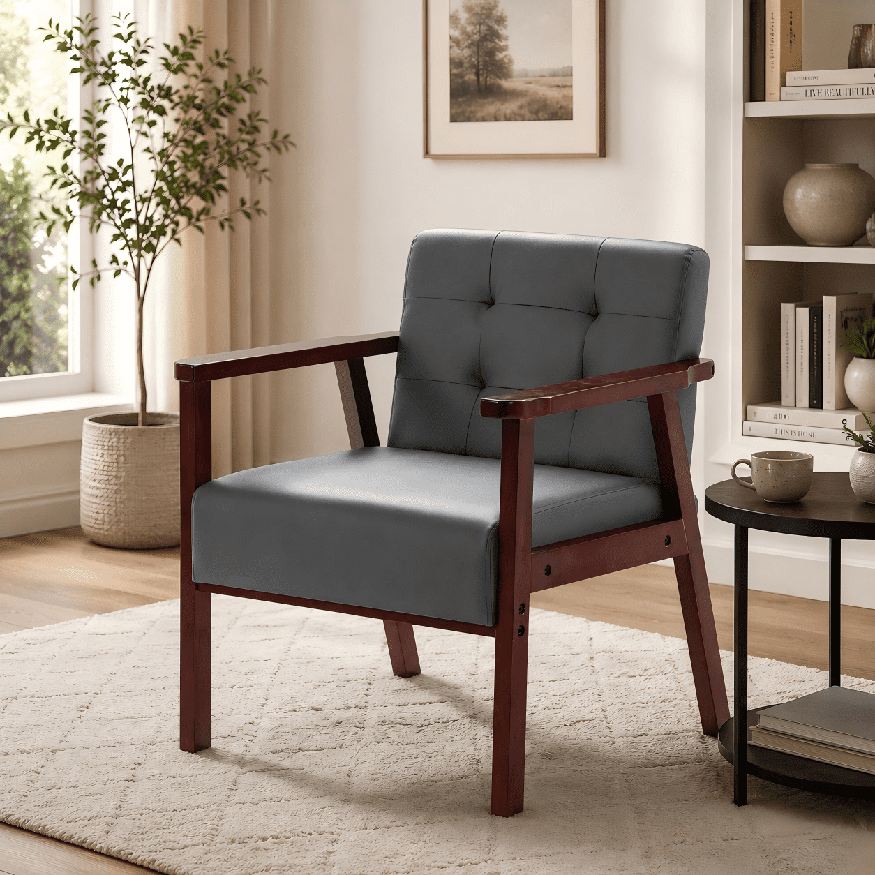 Gewnee 25.39"PU Accent Armchair,Modern Upholstered Armchair with Solid Wood Frame,Comfy Reading Accent Chair for Living Room,Bedroom,Office.Dark Grey