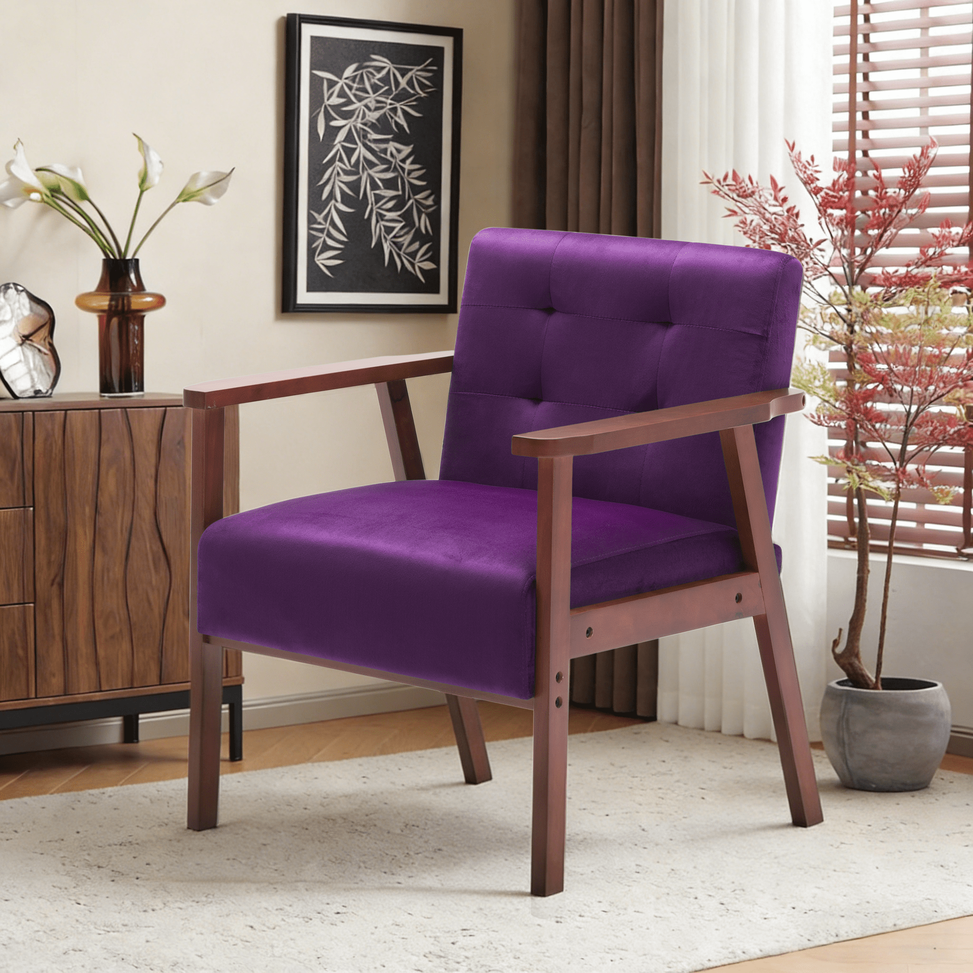 Gewnee 25.39 inch Wood Frame Upholstered Armchair,High Density Sponge Seat Cushion with Anti-Slip Foot Pads,Suitable for Living Room,Bedroom and Office.Purple