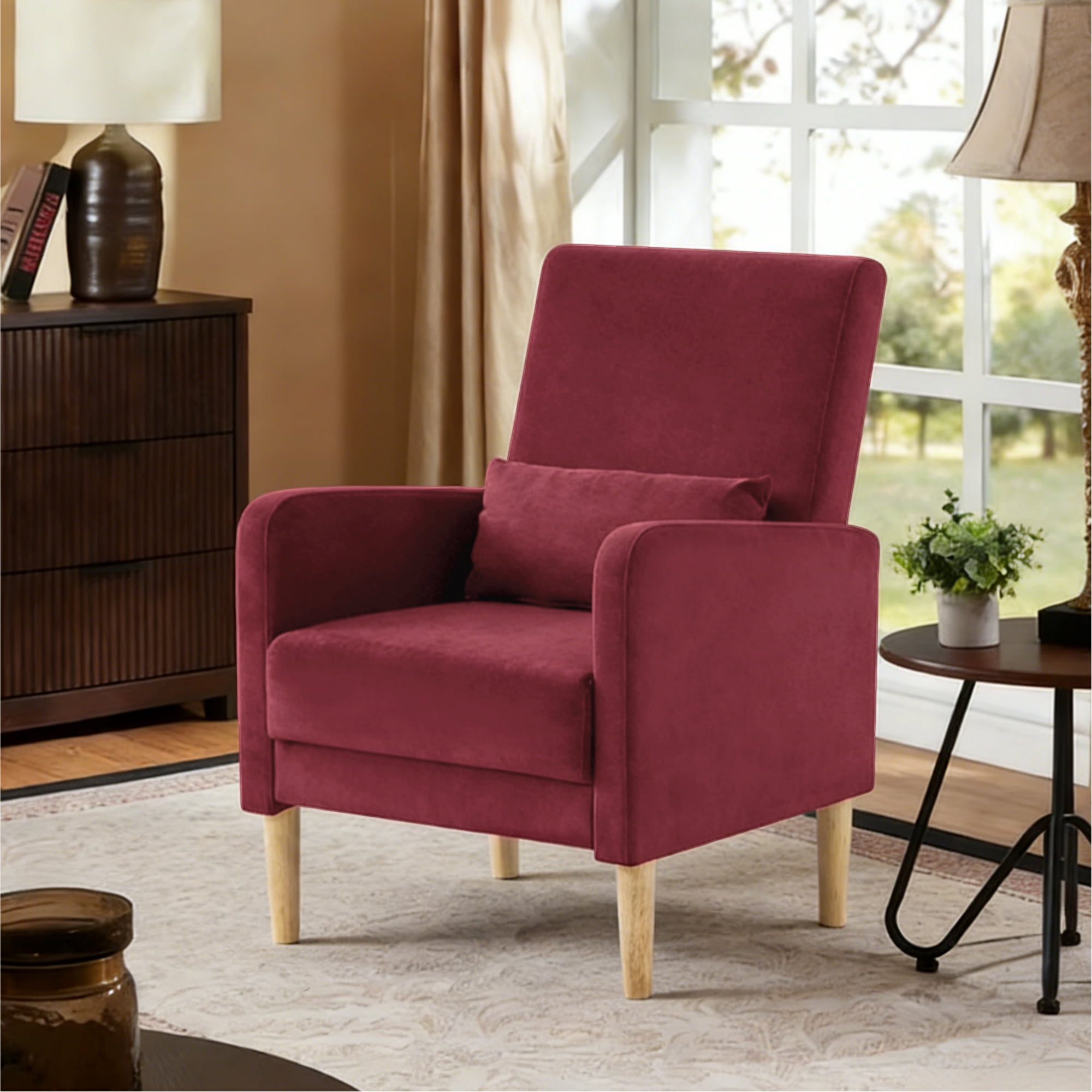 Gewnee 26.5 Inch Small Space Chair,Modern Accent Chair,Sturdy Solid Wood Frame with High-Density Foam Seat,Easy Assembly (Includes Pillow & Non-Slip Pads) for Living Room,Bedroom,Dark Red