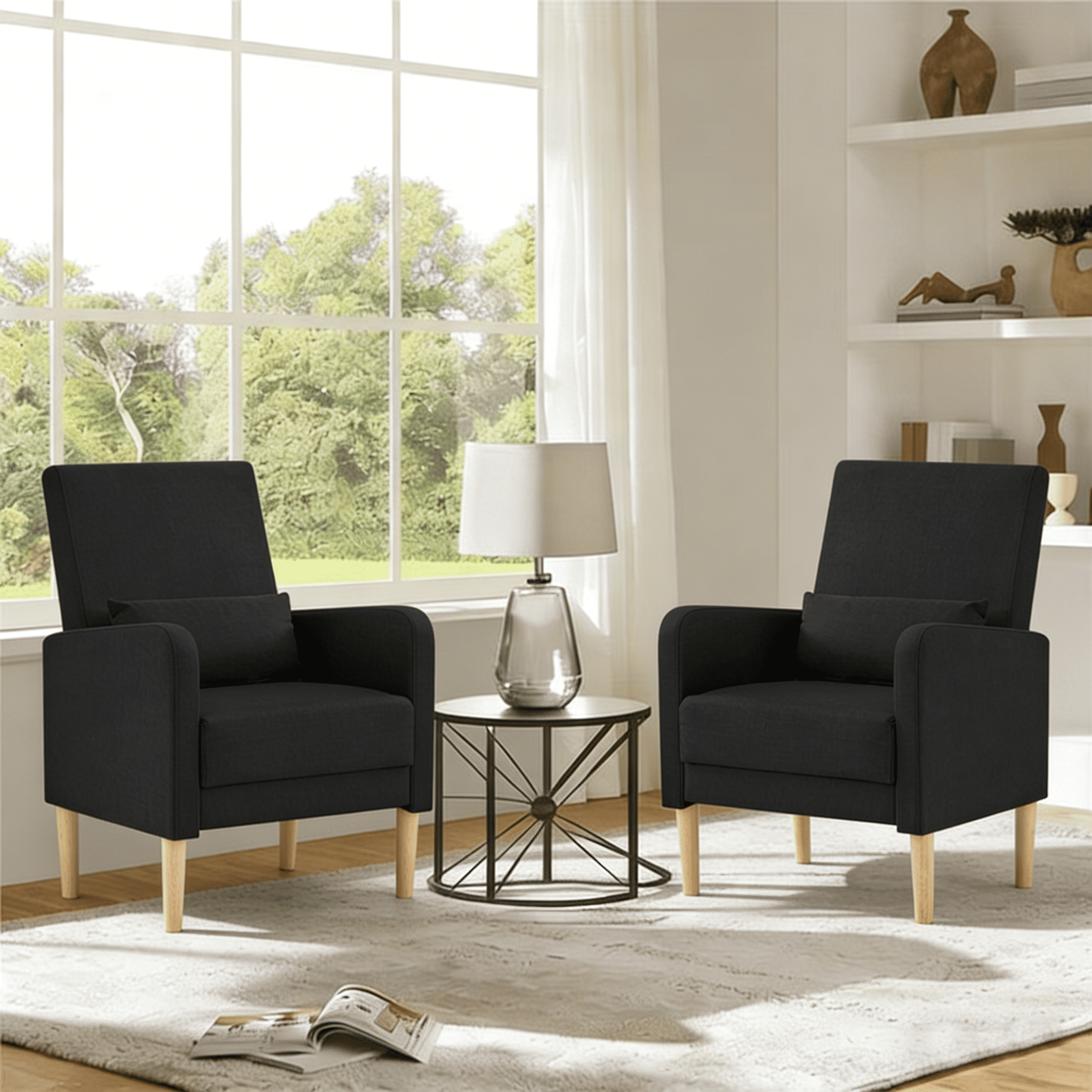 Gewnee 26.5"Wide Modern Armchair Set of 2,Compact Comfy Reading Chair with Solid Wood Frame & Pillow,Small Lounge Chairs for Living Room,Bedroom,Easy Assembly,Black