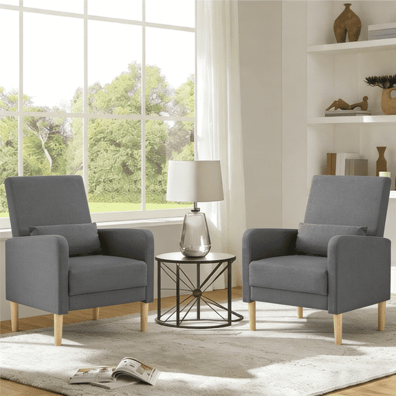 Gewnee 26.5"Wide Modern Armchair Set of 2,Compact Comfy Reading Chair with Solid Wood Frame & Pillow,Small Lounge Chairs for Living Room,Bedroom,Easy Assembly,Dark Grey
