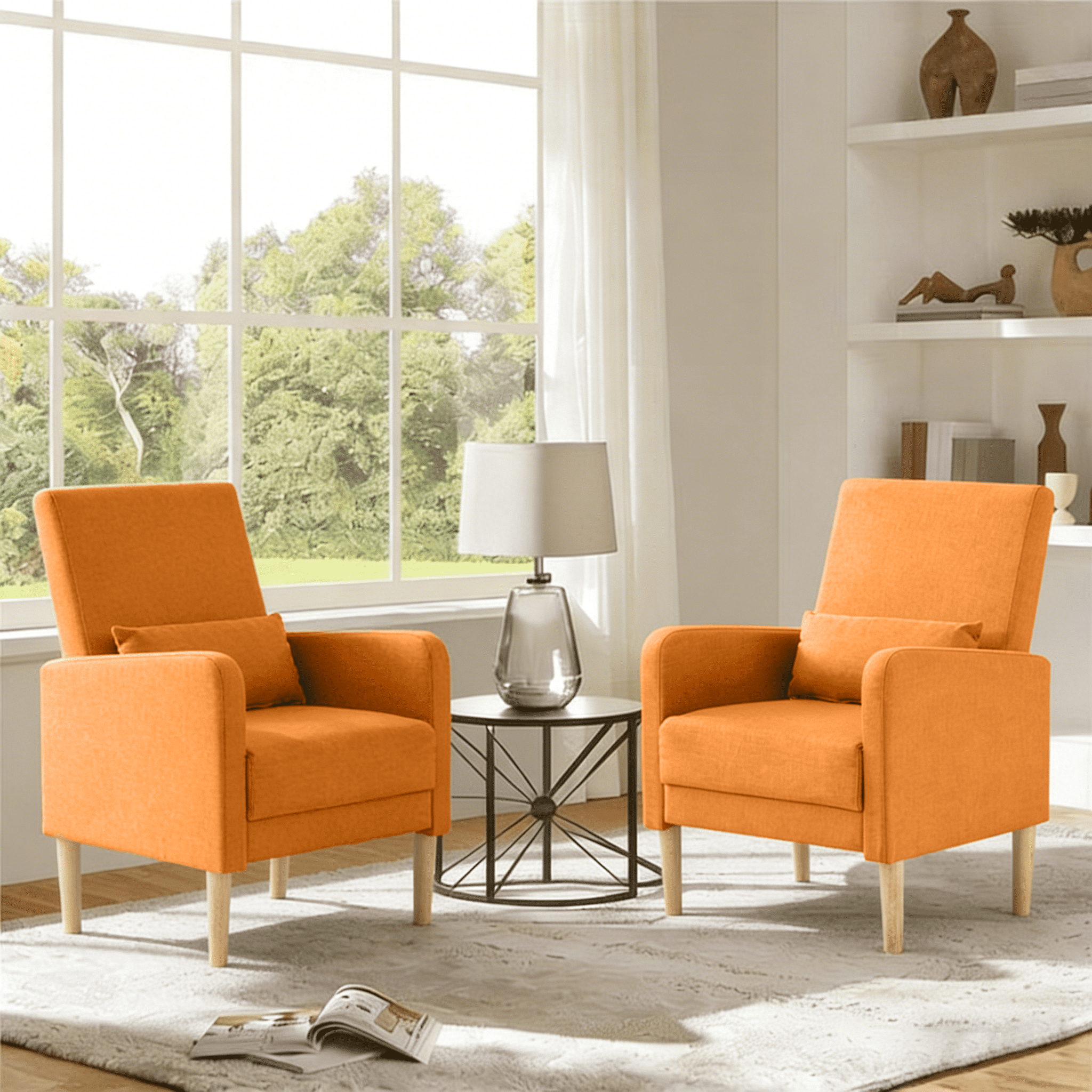 Gewnee 26.5"Wide Modern Armchair Set of 2,Compact Comfy Reading Chair with Solid Wood Frame & Pillow,Small Lounge Chairs for Living Room,Bedroom,Easy Assembly,Orange