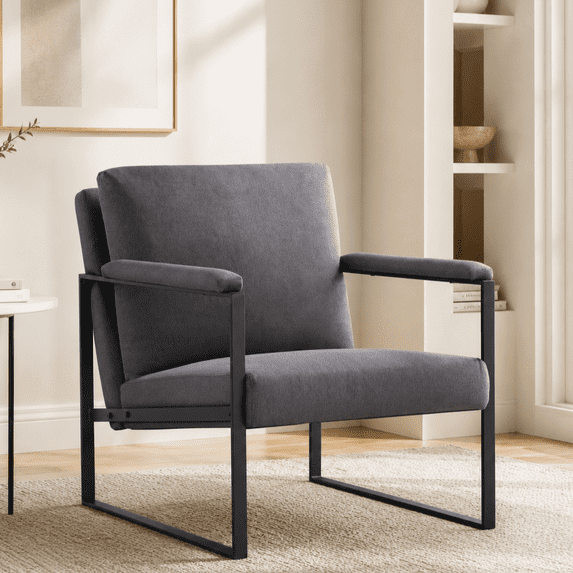 Gewnee 26.8" Accent Armchair, Linen Blend Metal Frame Chair with Square Arms for Living Room, Dark Gray