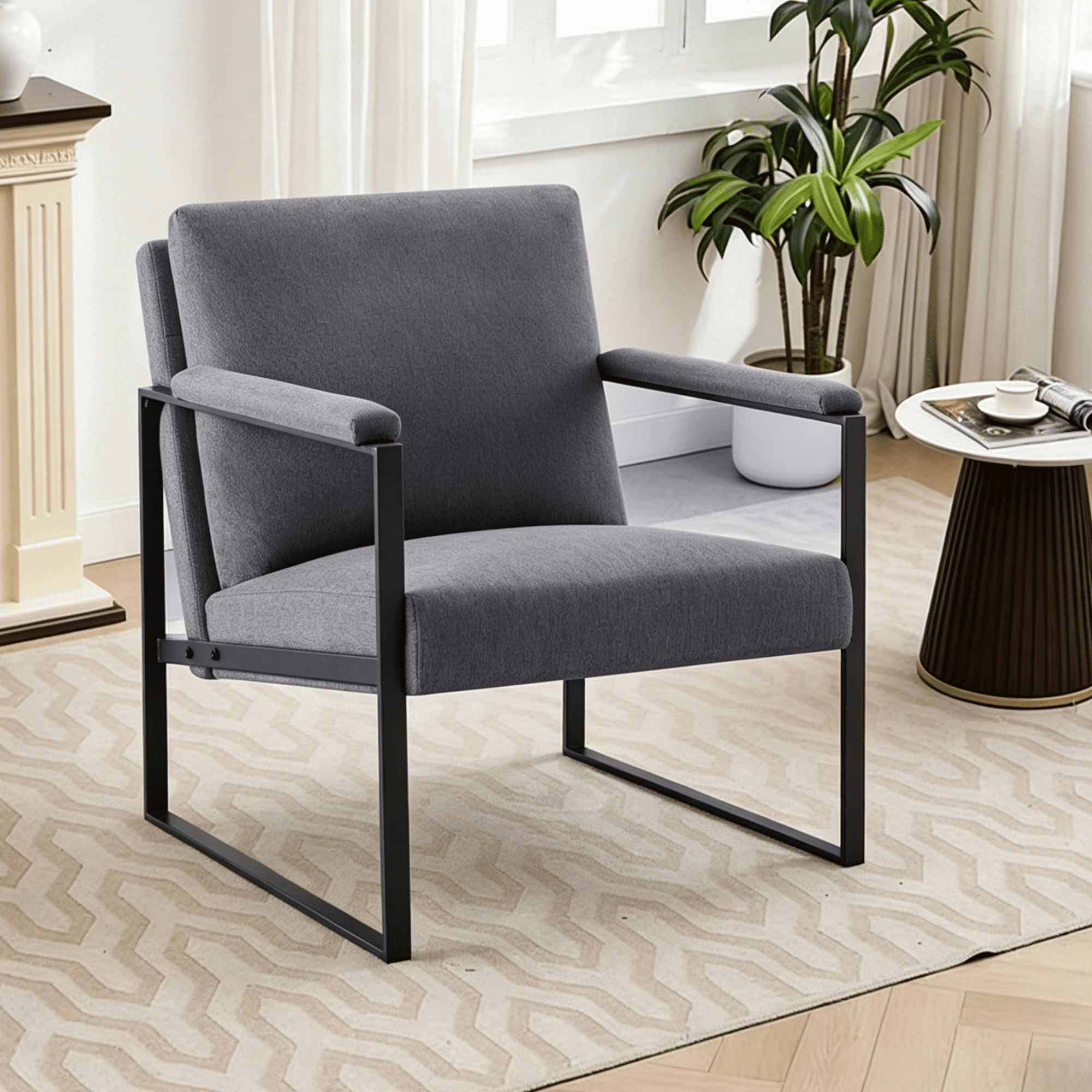 Gewnee 26.8”Black Metal Frame Accent Armchair,Padded Square Arms,High-Density Foam,Removable Washable Back Cushion – Easy Assembly for Living Room,Bedroom,Study.Dark Grey