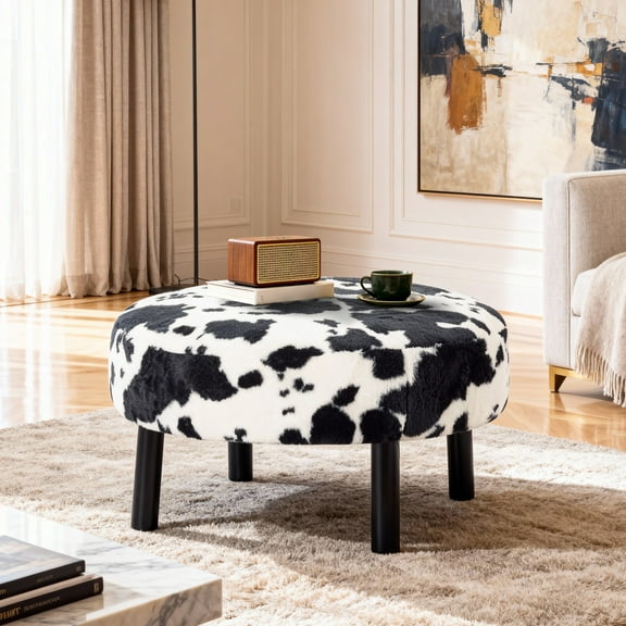 Gewnee 27.56”Round Ottoman,Faux Rabbit Fur Cushioned Stool,Solid Wood Legs,Home Office Multi-Functional Leisure Ottoman.(Cow Color)