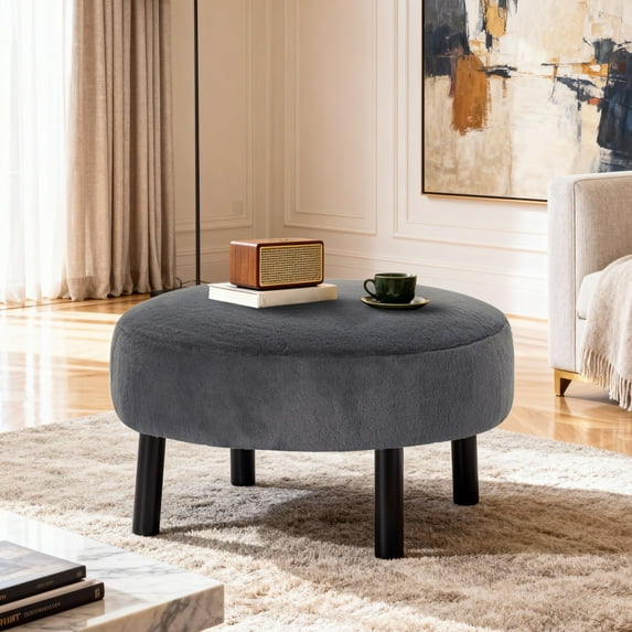 Gewnee 27.56”Round Ottoman,Faux Rabbit Fur Cushioned Stool,Solid Wood Legs,Home Office Multi-Functional Leisure Ottoman.(Dark Grey)