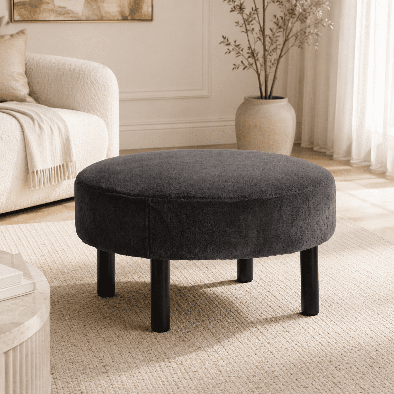 Gewnee 27.56” Round Ottoman Faux Rabbit Fur Upholstered Footrest with Rubber Wood Legs for Living Room, Dark Gray
