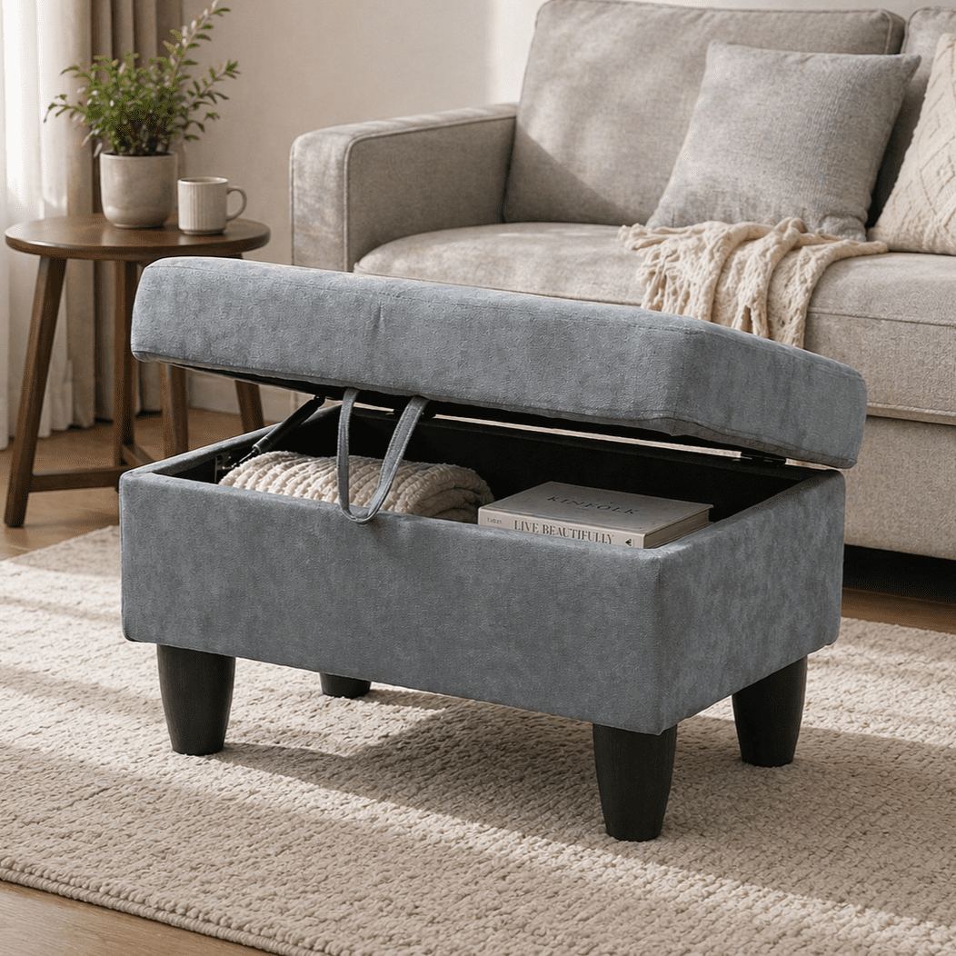 Gewnee 28.5" Storage Ottoman Bench Flannelette Upholstered for Living Room Bedroom Entryway Light Gray