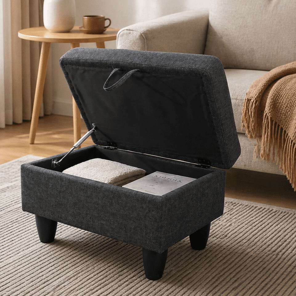 Gewnee 28.5" Storage Ottoman Bench Linen Upholstered for Living Room Bedroom Entryway Dark Gray