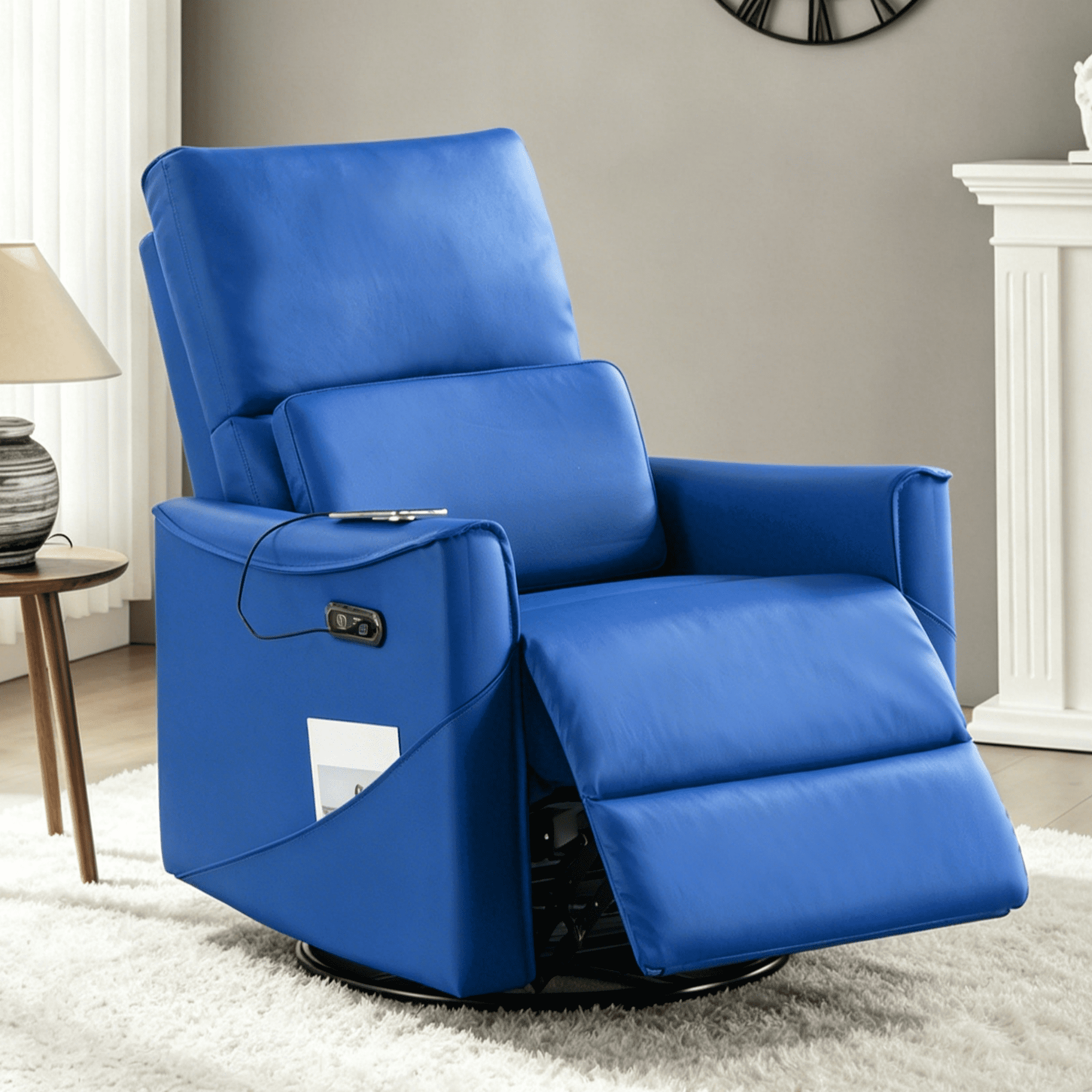 Gewnee 29.13"Power Rocking Recliner Chair,360°Swivel Recliner Chair with USB & Type-C Ports,Adjustable Reclining Positions,PU Swivel Recliner for Living Room,Office,Bedroom.Blue