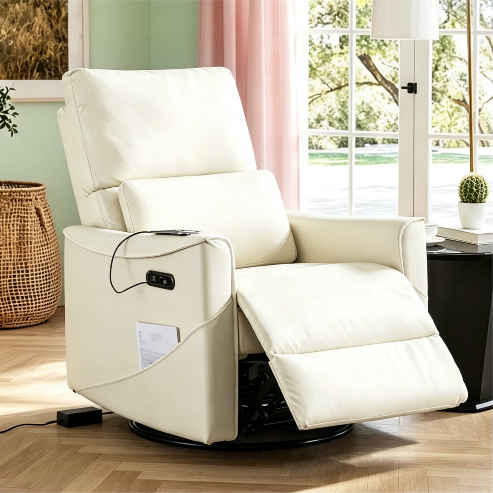 Gewnee 29.13"Power Rocking Recliner Chair,360°Swivel Recliner Chair with USB & Type-C Ports,Adjustable Reclining Positions,PU Swivel Recliner for Living Room,Office,Bedroom.Beige