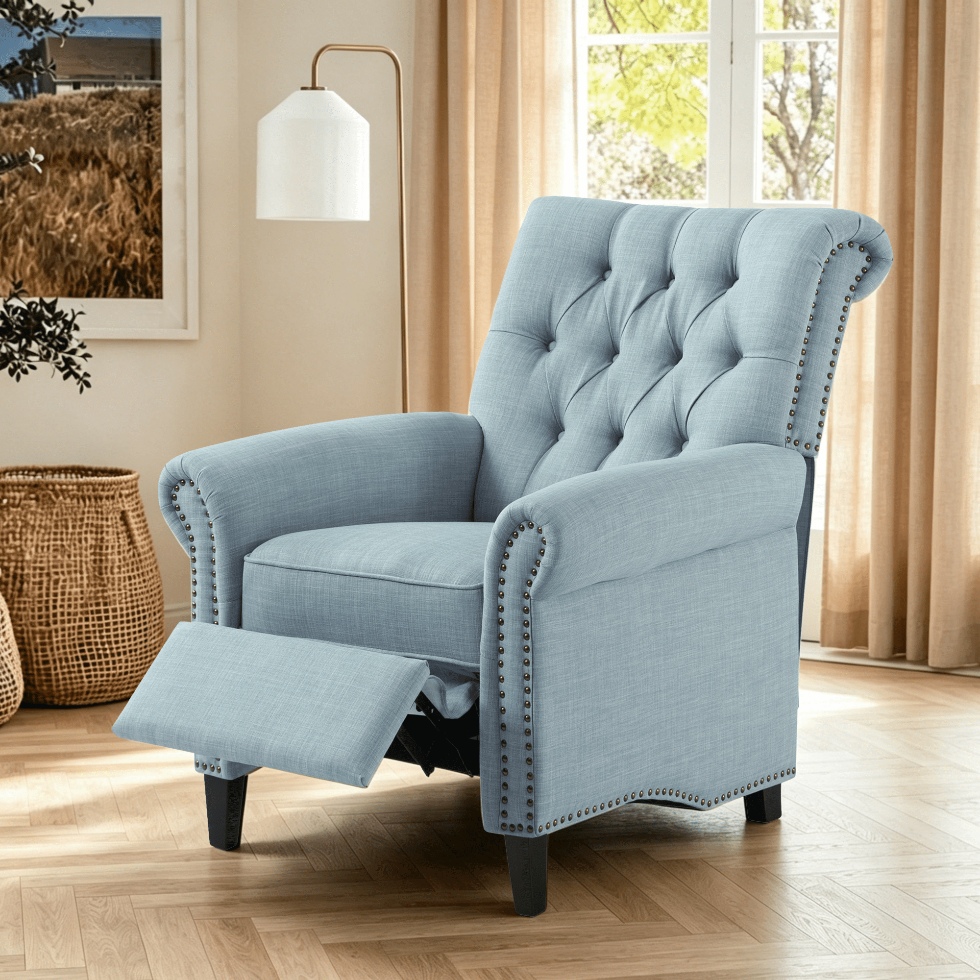 Gewnee 29.92" Manual Push Back Recliner,Modern Reclining Linen Chair With Nail-Head Trim,Tufted Back,Rolled Armrests,Single Chair for Living Room,Office,Bedroom.Blue