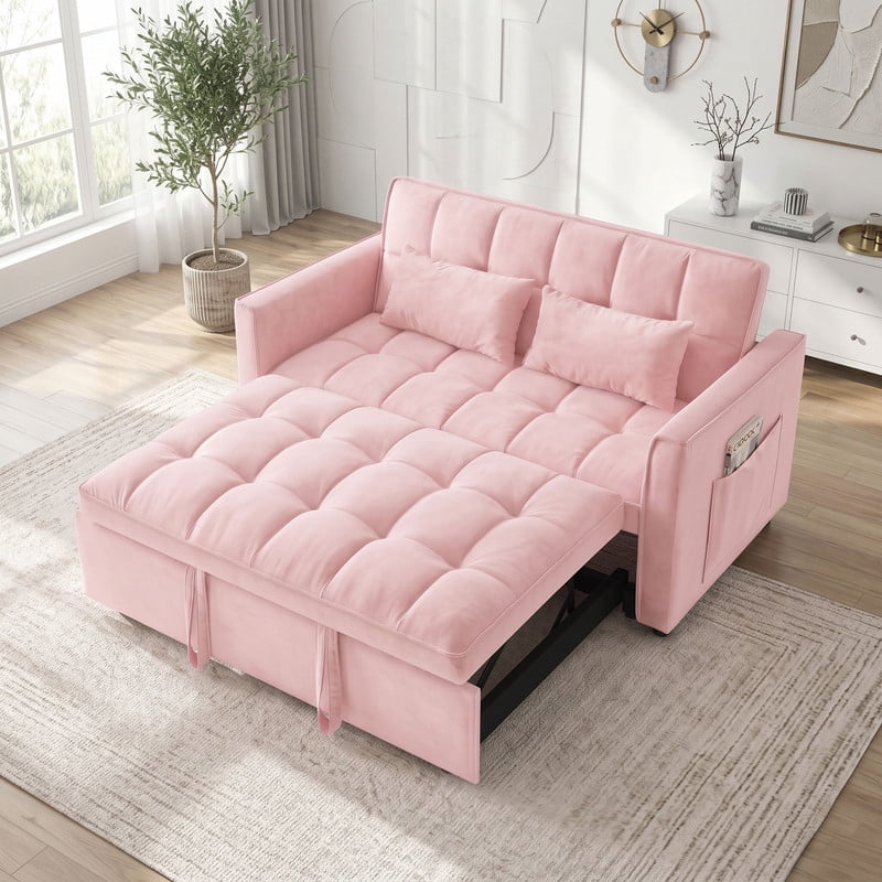 Gewnee 55" Sofa Bed, Convertible Sleeper Sofa & Pull Out Couch, 3-in-1 Velvet Loveseat with Adjustable Backrest and Storage Pocket, Pink