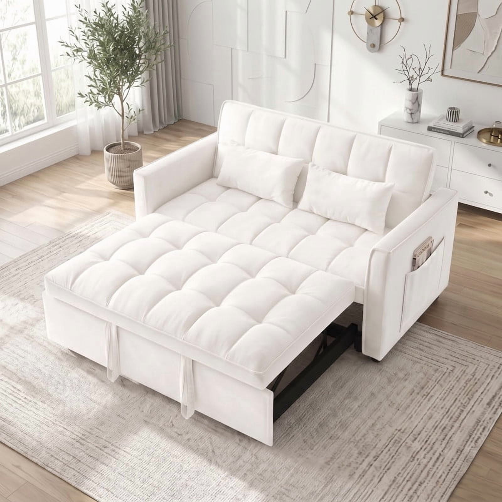 Gewnee 55" Sofa Bed, Convertible Sleeper Sofa & Pull Out Couch, 3-in-1 Velvet Loveseat with Adjustable Backrest and Storage Pocket, Beige