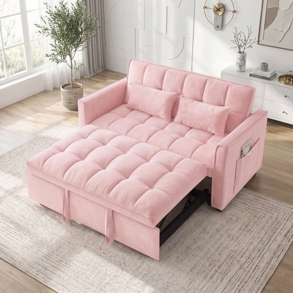 Gewnee 55" Sofa Bed, Convertible Sleeper Sofa & Pull Out Couch, 3-in-1 Velvet Loveseat with Adjustable Backrest and Storage Pocket, Pink