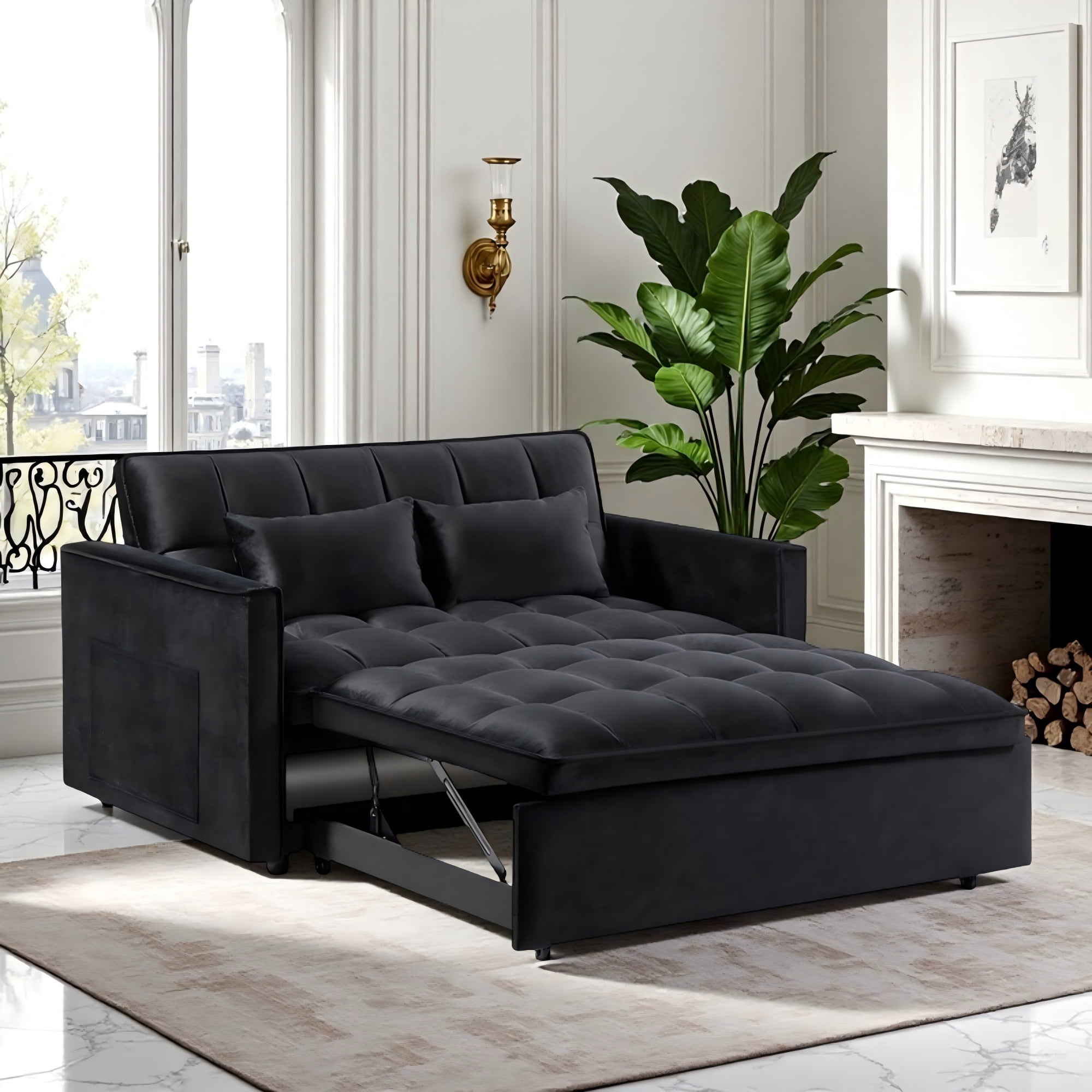 Gewnee 3 in 1 Convertible Sleeper Sofa Bed,Modern Pull Out Couch Bed,Adjustable Backrest,Velvet Loveseat Futon Sofa with Pillows & Pockets for Living Room Apartment.Black