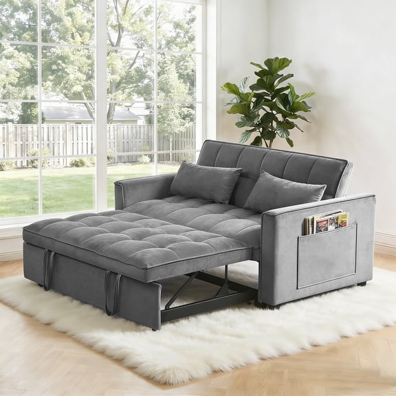 Gewnee 3 in 1 Convertible Sleeper Sofa Bed – Modern Velvet Pull Out Couch with Adjustable Backrest,Side Pockets,Loveseat Futon for Small Spaces.Dark Grey