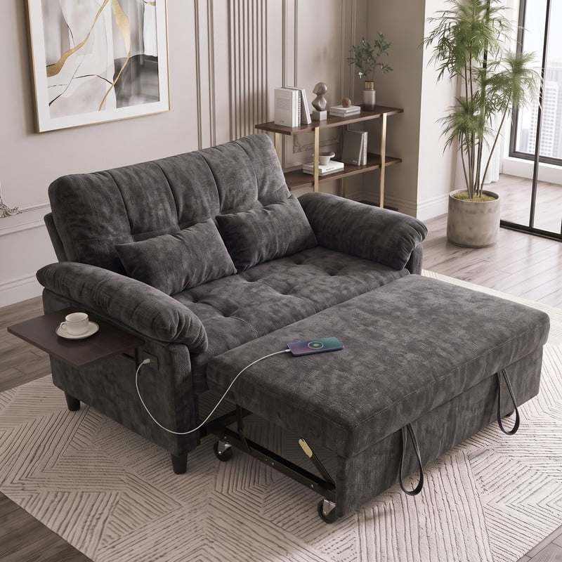 Gewnee 58" Convertible Sofa Bed, Loveseat Sleeper Sofa with USB Ports, Side Table& 6-in-1 Adjustable Backrest, Pull Out Sofa with Pillows for Small Spaces,Chenille(Black)