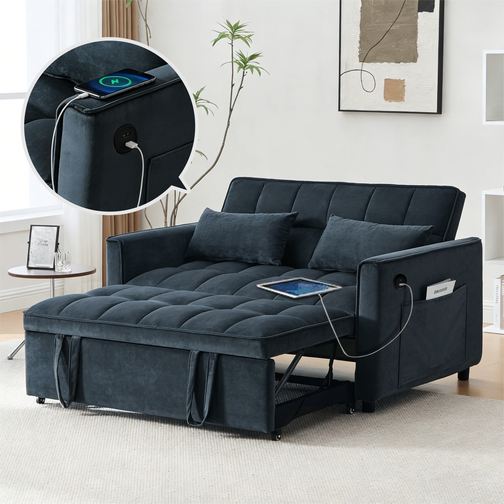 Gewnee 3 in 1 Modern Convertible Sleeper Sofa Bed,Velvet Pull Out Couch with Adjustable Backrest,USB,Side Pockets,Black Loveseat Futon for Living Room,Apartment