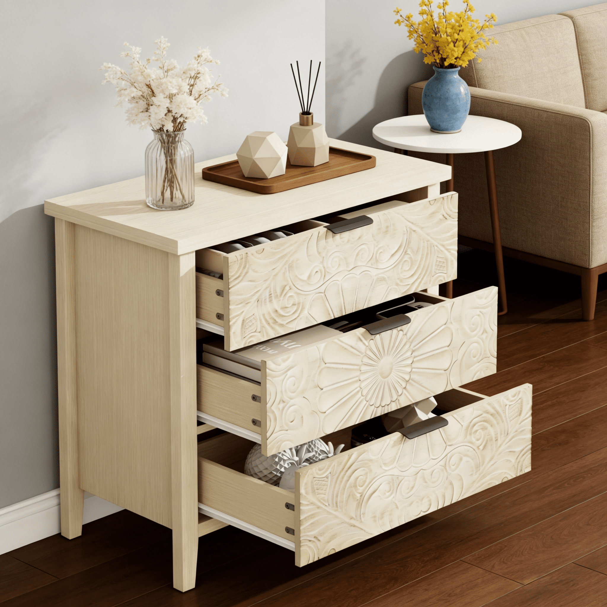 Gewnee 3-Drawer Storage Cabinet, Classic American Style Storage Organizer for Bedroom, Living Room and Study