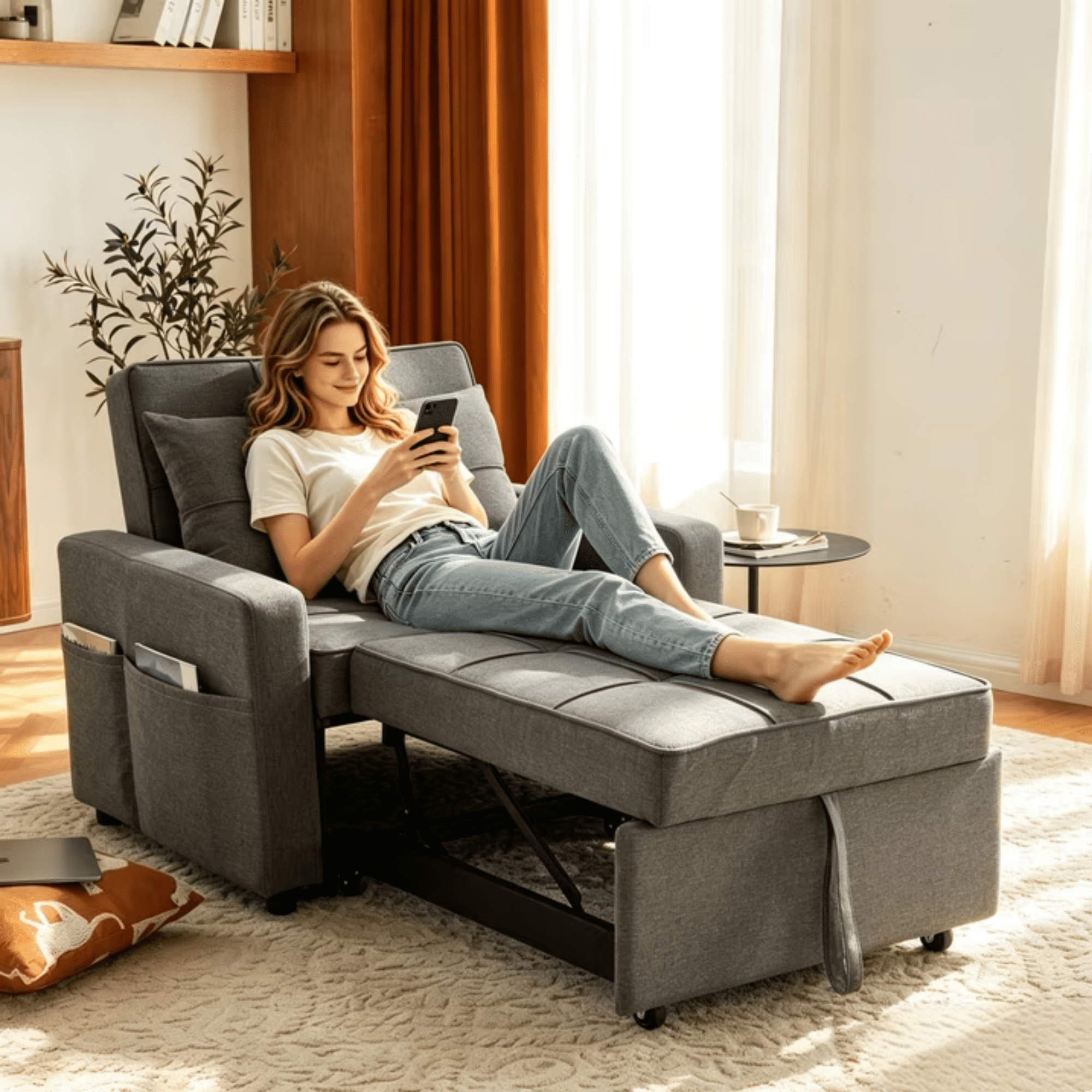 Gewnee 3‑In‑1 Folding Sofa Bed Chair, Convertible Sofa Bed and Office Chair, Adjustable Backrest Leisure Chair With Wheels & Handles & Side Pockets, Fit For Small Spaces, Dark Grey
