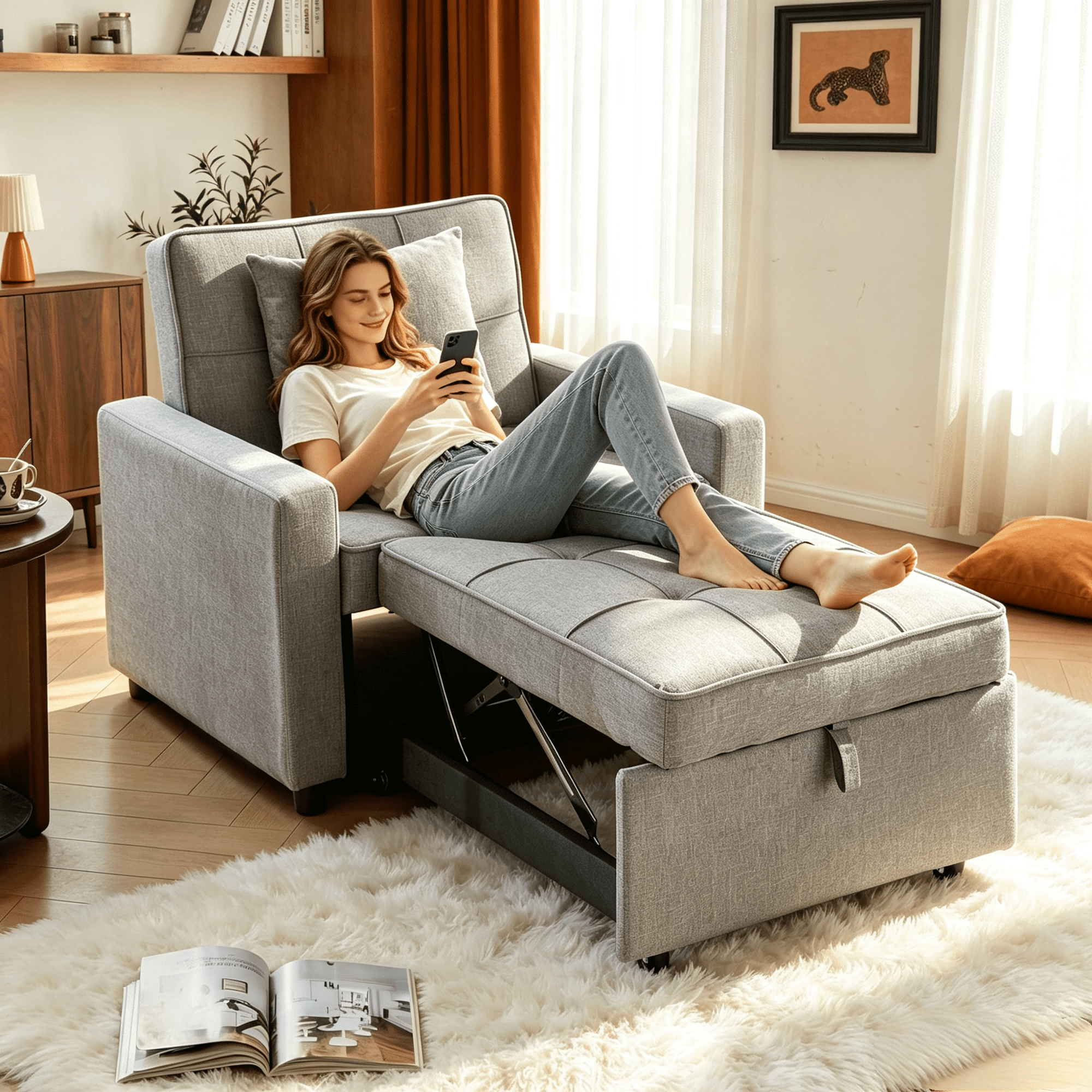 Gewnee 3-In-1 Folding Sofa Bed Chair, Convertible Sofa Bed and Office Chair, Adjustable Backrest Leisure Chair With Wheels & Handles, Fit For Small Spaces, Light Gray
