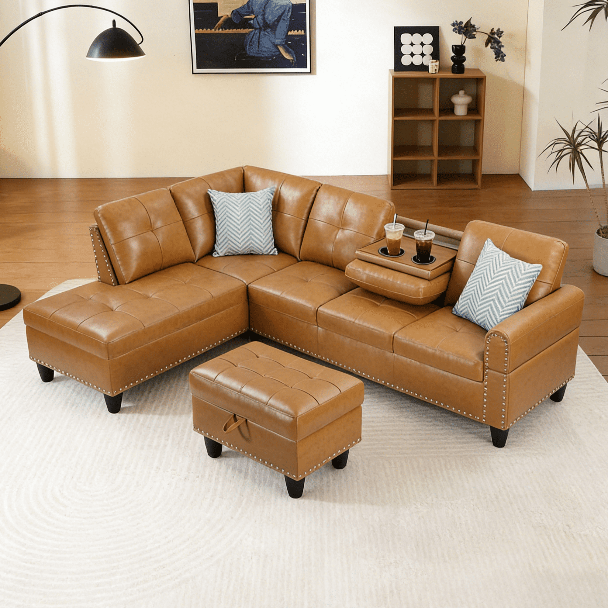 Gewnee 3-Piece L-Shaped Sectional Sofa with Chaise, Storage Ottoman, Cup Holders, 4-Seat, Faux Leather,Black