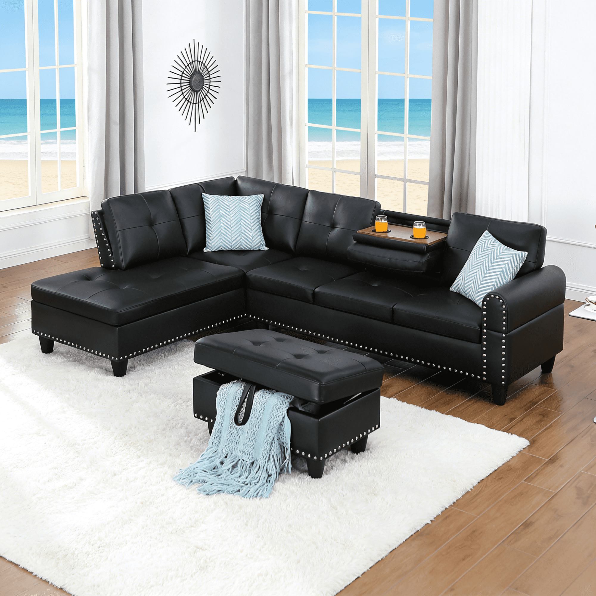 Gewnee 3-Piece L-Shaped Sectional Sofa with Chaise, Storage Ottoman, Cup Holders, 4-Seat, Faux Leather,Black