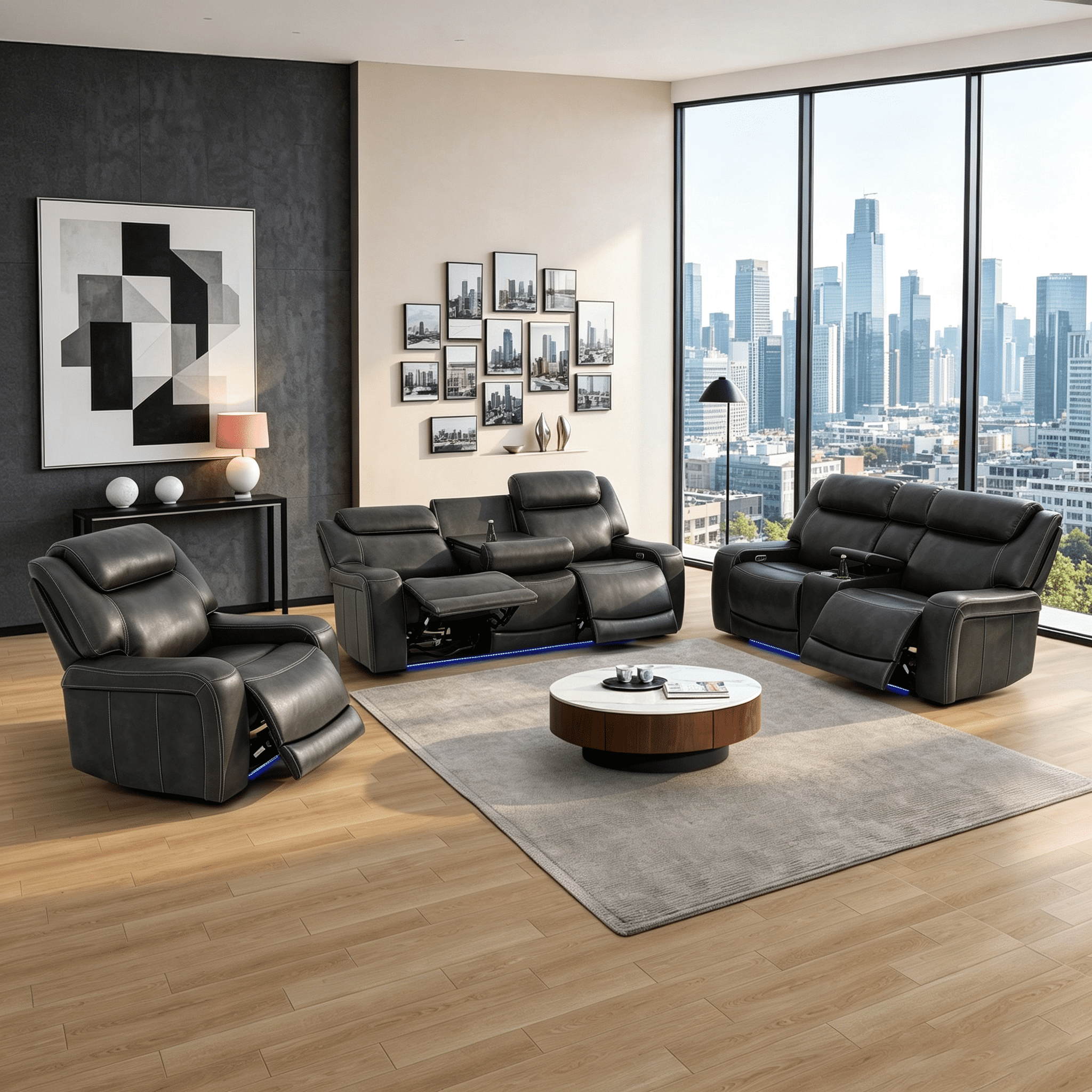 Gewnee 3‑Piece Power Recliner Sofa Set, Air Leather Upholstery, Adjustable Recline with USB Port, Flip‑Up Center Console, Storage Bin, Cup Holders & LED Ambient Light, Living Room Furniture, Black