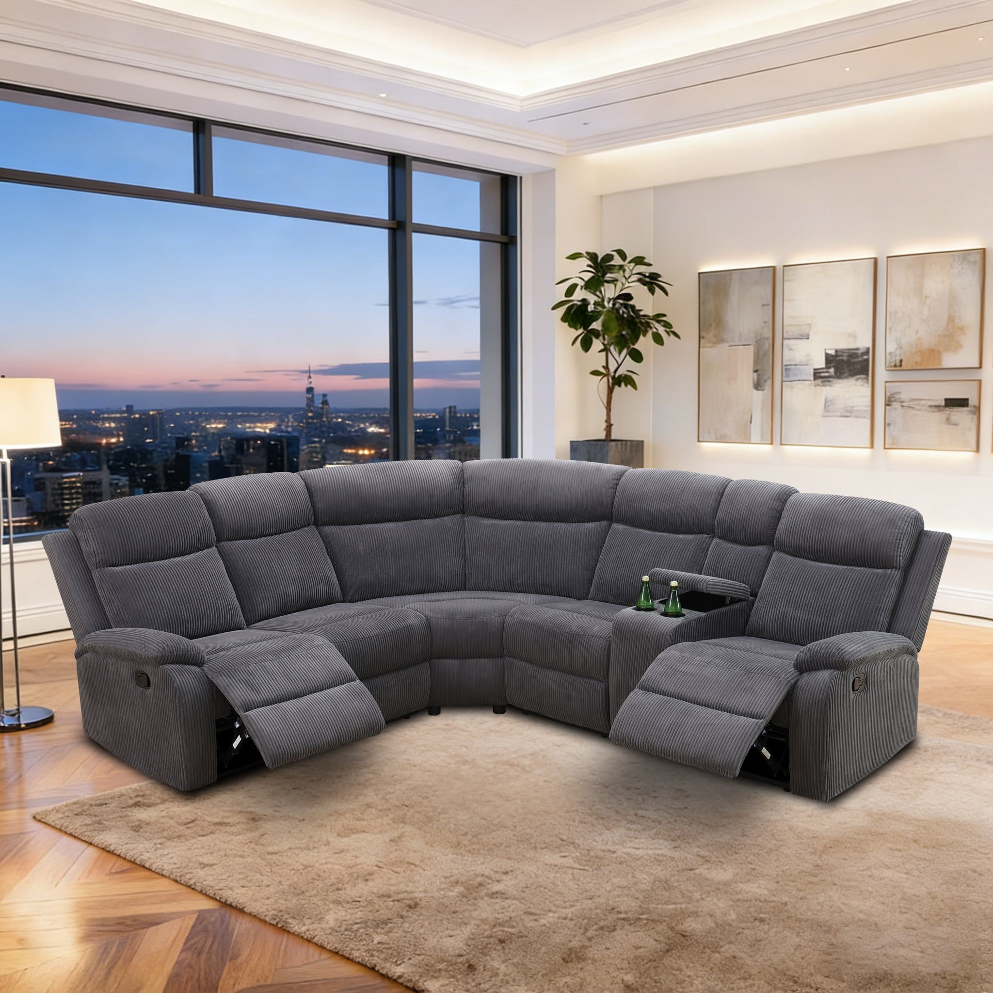Gewnee Oversize Recliner Sofa Set – Multi-Functional Intelligent Sofa with Adjustable Backrest,Cup Holders,Storage Console,for Living Room,Office.Dark Grey Stripe