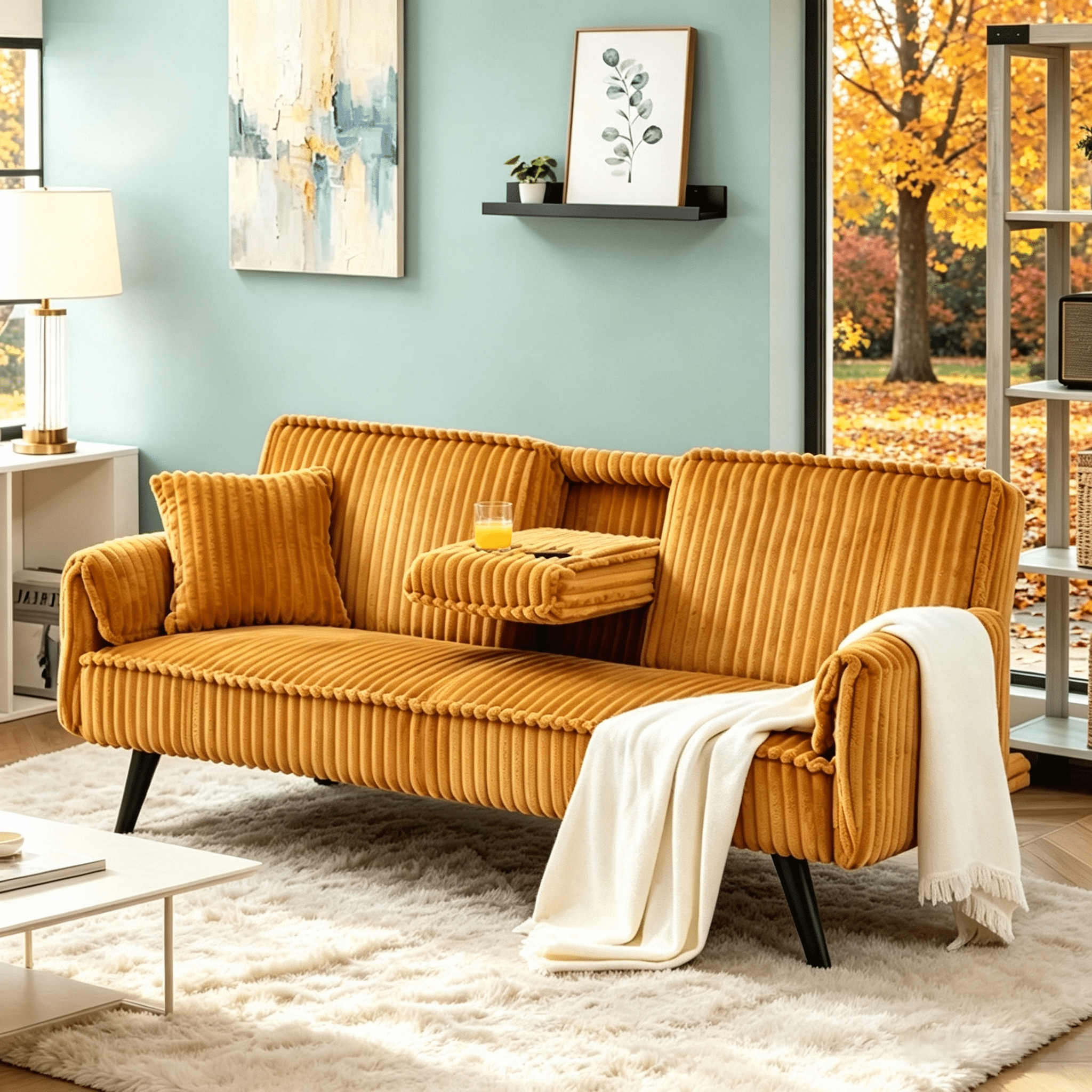 Gewnee 3-Seat Convertible Sleeper Sofa, 72" Corduroy Sofa Bed with Retractable Cup Holders, 3-Position Adjustable Backrest for Living Room Bedroom， Orange