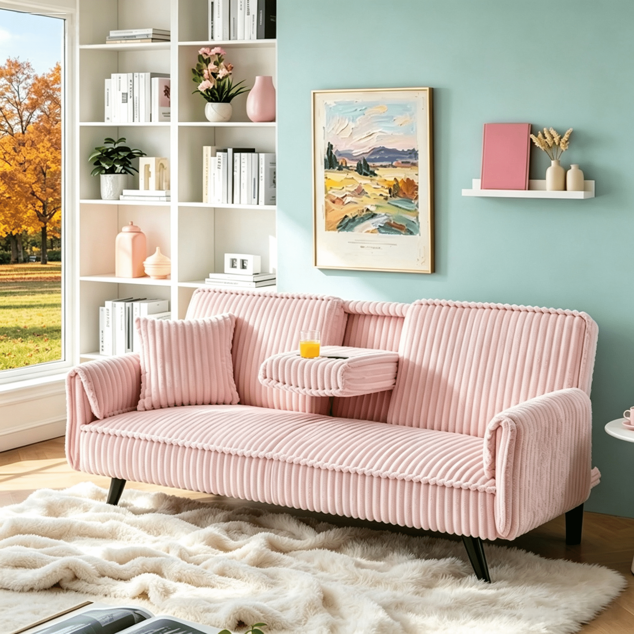 Gewnee 3-Seat Convertible Sleeper Sofa, 72" Corduroy Sofa Bed with Retractable Cup Holders, 3-Position Adjustable Backrest for Living Room Bedroom， Pink