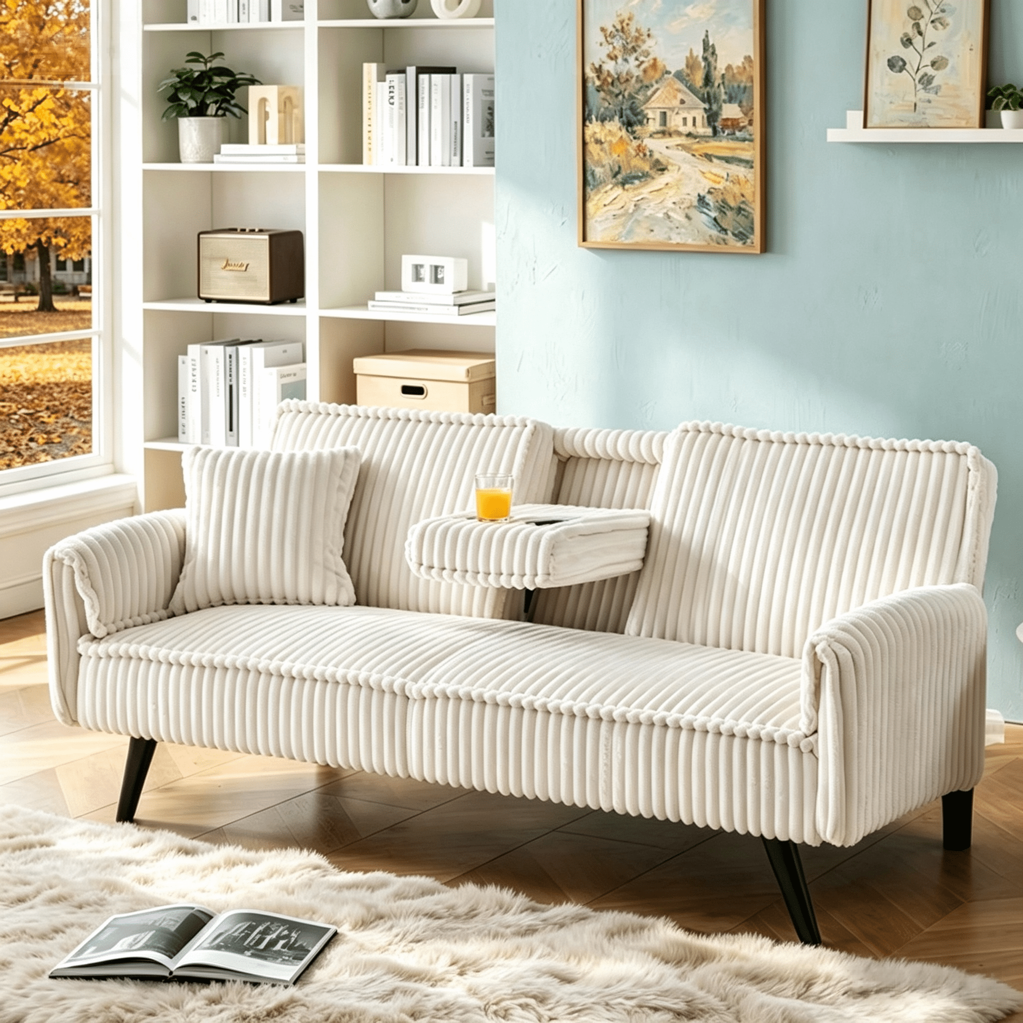 Gewnee 3-Seat Convertible Sleeper Sofa, 72" Corduroy Sofa Bed with Retractable Cup Holders, 3-Position Adjustable Backrest for Living Room Bedroom， White