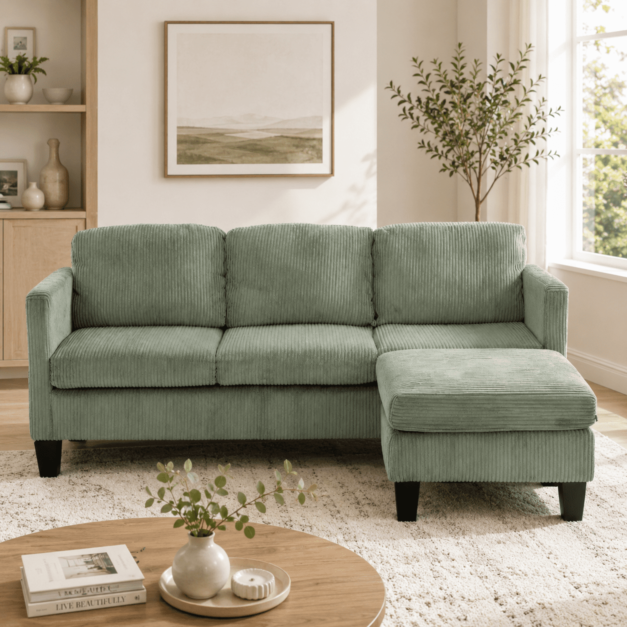 Gewnee Modular Sectional Chaise Sofa,3-Seat L-Shaped Corduroy Upholstered Couch With Detachable Storage Ottoman,Modern Couch For Living Room,Apartment,Olive Green