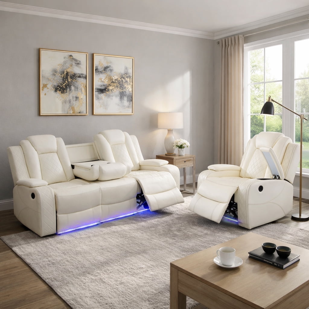 Gewnee 3-Seat Power Adjustable Sofa with One Recliner, Console & Cup Holders, Air Leather, Adjustable Reclining Angles, Suitable for Living Room,Beige