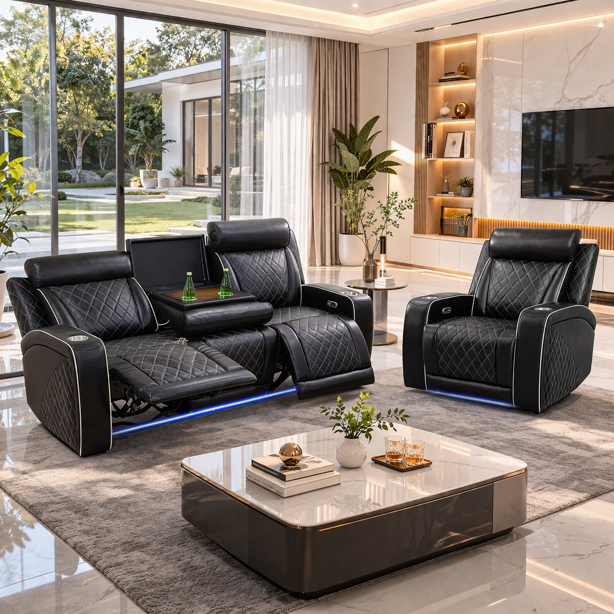 Gewnee 3-Seat Power Adjustable Sofa with One Recliner, Console & Cup Holders, Air Leather, Adjustable Reclining Angles, Suitable for Living Room, Black