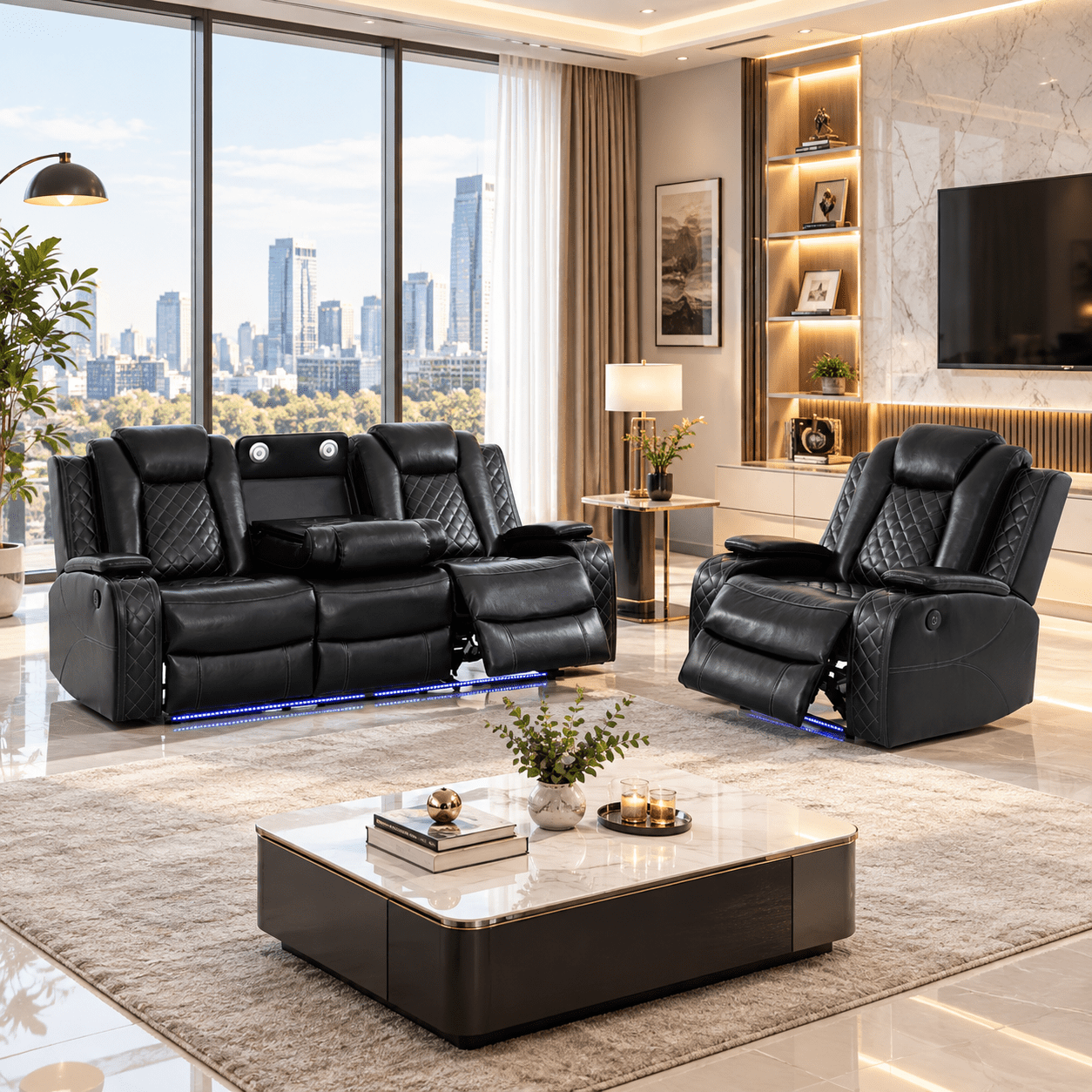 Gewnee 3-Seat Power Adjustable Sofa with One Recliner, Console & Cup Holders, Air Leather, Adjustable Reclining Angles, Suitable for Living Room, Black
