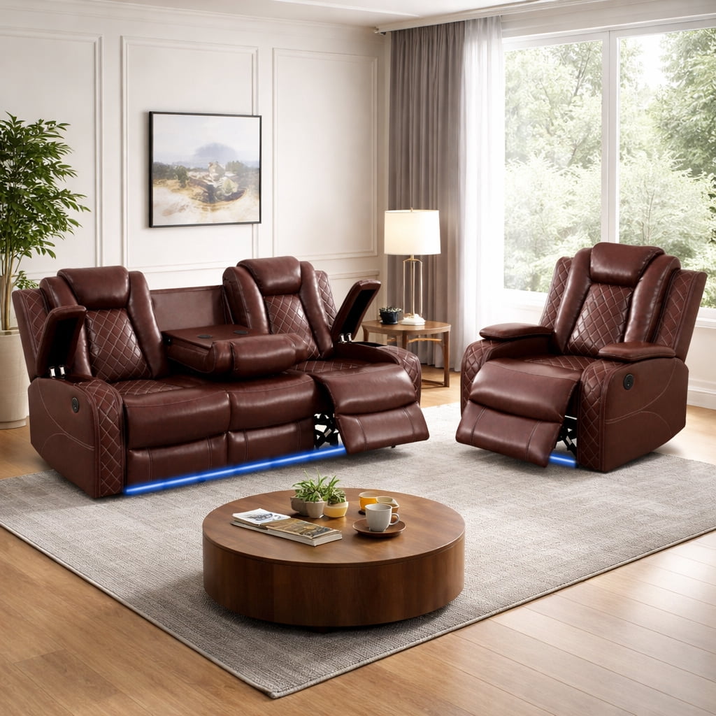 Gewnee 3-Seat Power Adjustable Sofa with One Recliner, Console & Cup Holders, Air Leather, Adjustable Reclining Angles, Suitable for Living Room,Brown