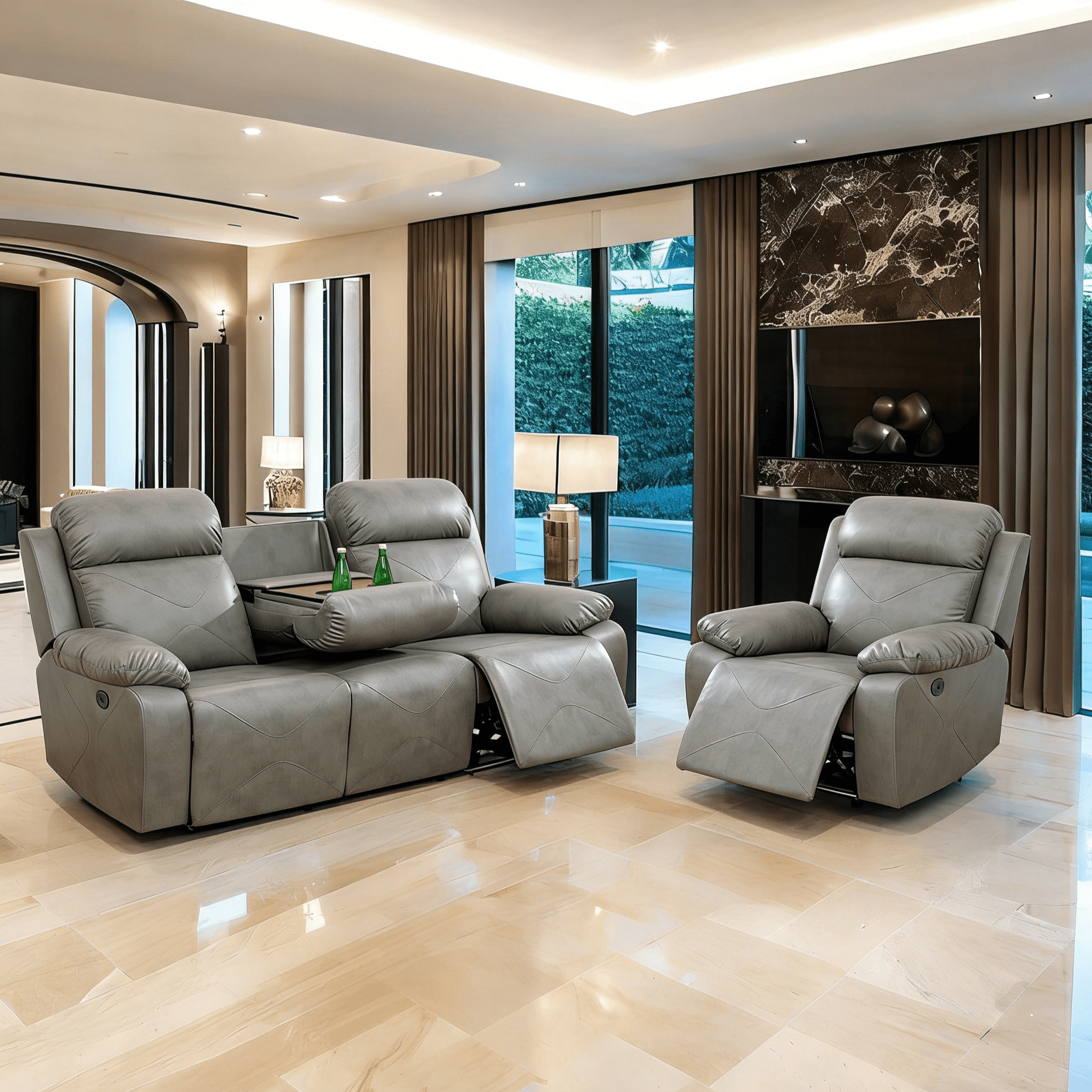 Gewnee 3-Seat Power Adjustable Sofa and Recliner with Console and Cup Holders, Air Leather and High-Elasticity Sponge, Adjustable Reclining Angle, Ideal for Living Room,Silver