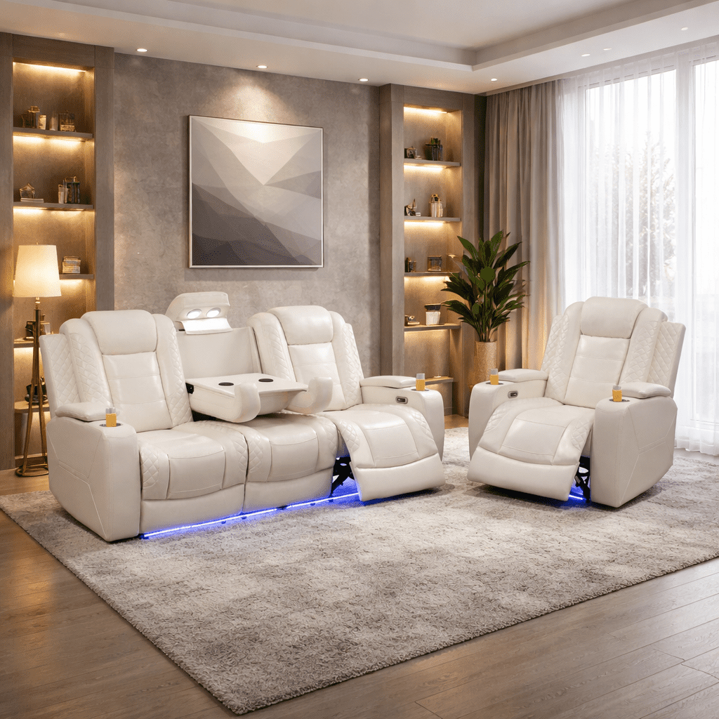 Gewnee 3-Seat Power Adjustable Sofa with 1 Recliner, Console, Cup Holders & LED Lights, Air Leather, Adjustable Recline, for Living Room,Beige