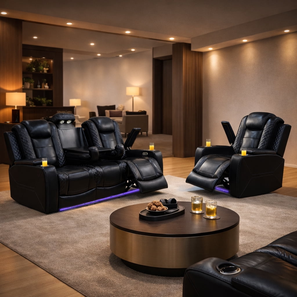 Gewnee 3-Seat Power Adjustable Sofa with 1 Recliner, Console, Cup Holders & LED Lights, Air Leather, Adjustable Recline, for Living Room, Black