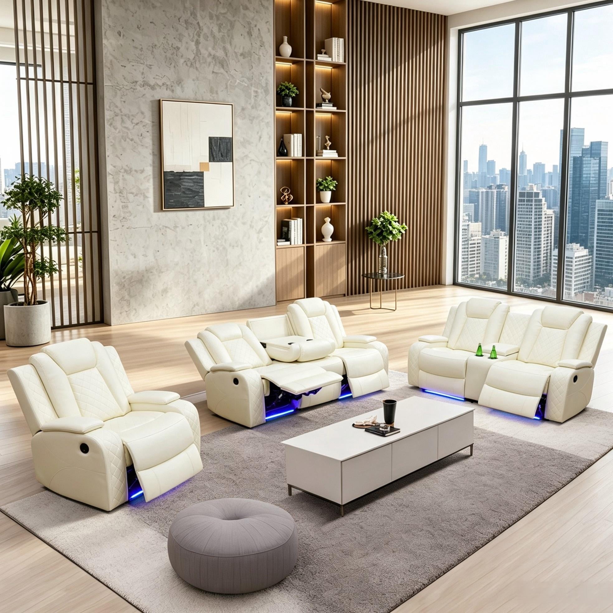 Gewnee 3-Seat Power Adjustable Sofa with 2 Recliners, Console & Cup Holders, Air Leather, Adjustable Recline, Ideal for Living Room,Beige