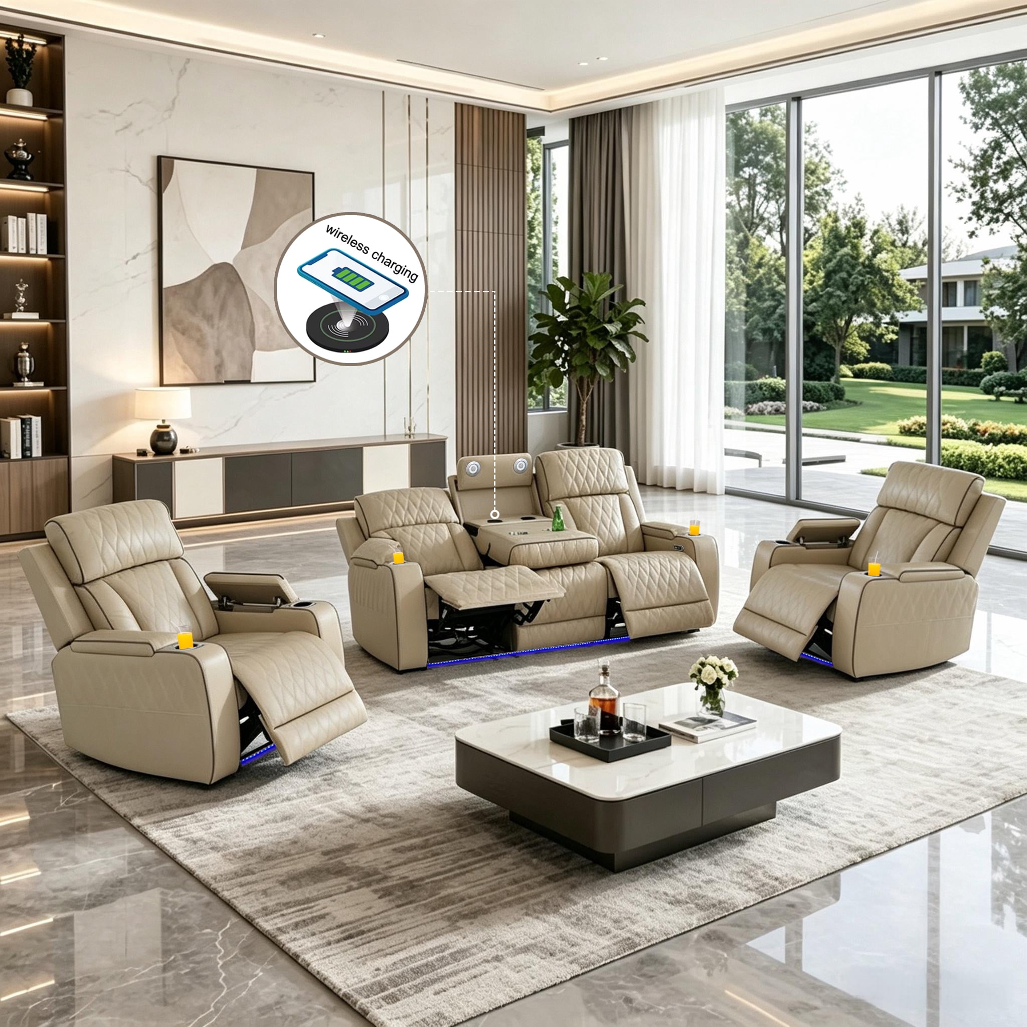 Gewnee 3-Seat Power Adjustable Sofa with 2 Recliners, Console & Cup Holders, Air Leather, Adjustable Recline, Ideal for Living Room,Beige