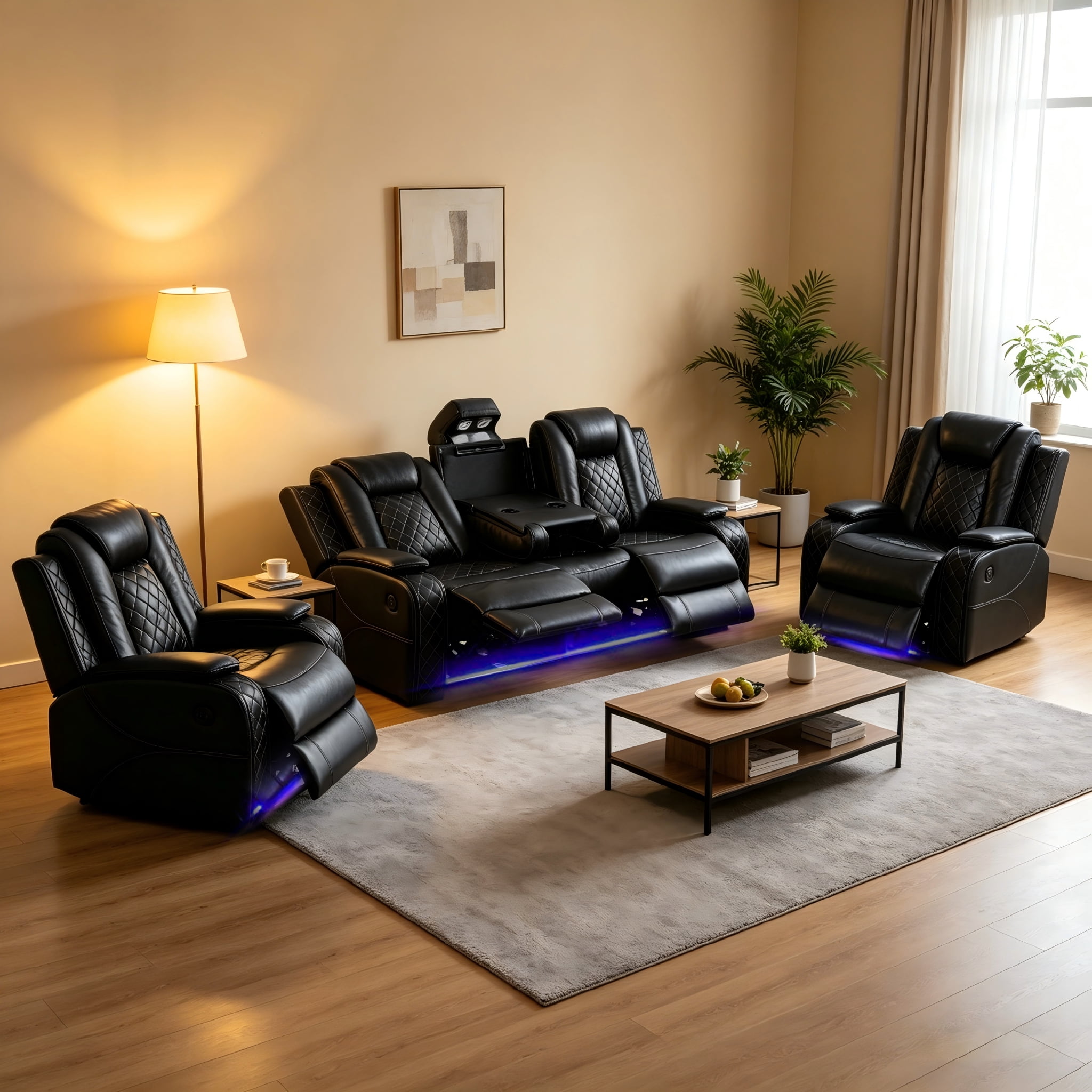 Gewnee 3-Seat Power Adjustable Sofa with 2 Recliners, Console & Cup Holders, Air Leather, Adjustable Recline, Ideal for Living Room, Black